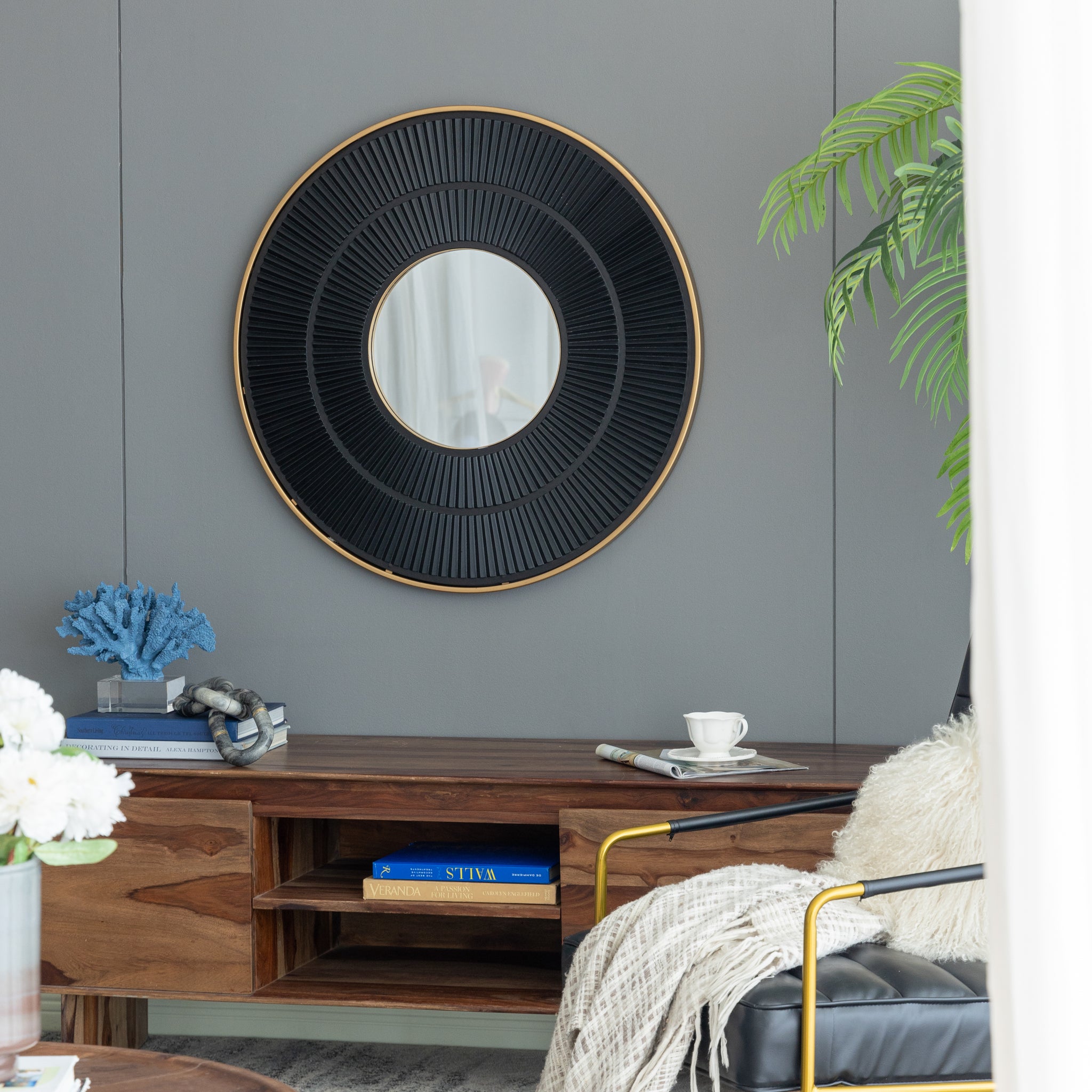 31.5X1X31.5" Round Carter Wooden Mirror With Gold Iron Frame Neutral Colorway Wall Decor For Live Space Golden Black Mdf Glass