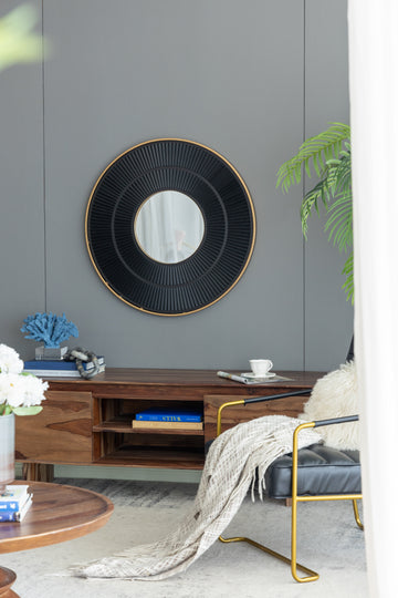 31.5X1X31.5" Round Carter Wooden Mirror With Gold Iron Frame Neutral Colorway Wall Decor For Live Space Golden Black Mdf Glass