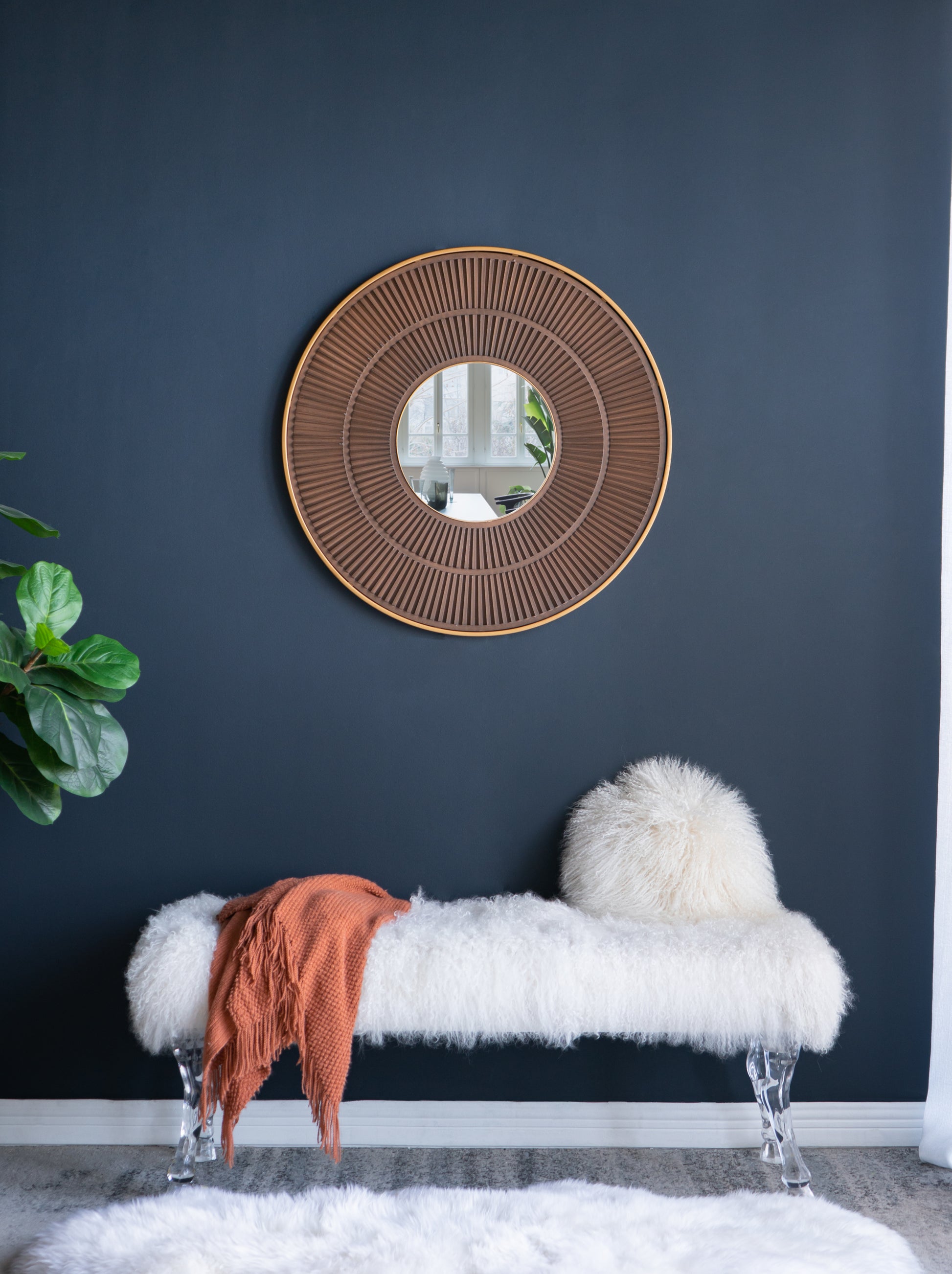 31.5x1x31.5" Round Carter Wooden Mirror with Gold Iron brown-mdf+glass