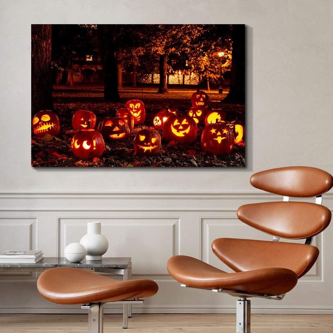 Drop Ping Framed Canvas Wall Art Decor Painting For Halloween, Jack O Lanterns Groups Painting For Halloween Gift, Decoration For Halloween Living Room, Bedroom Decor Ready To Hang Rectangle Framed