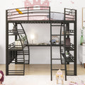 Full Size Loft Bed With 4 Layers Of Shelves And L Shaped Desk, Stylish Metal Frame Bed With A Set Of Sockets, Usb Ports And Wireless Charging, Black Black Metal