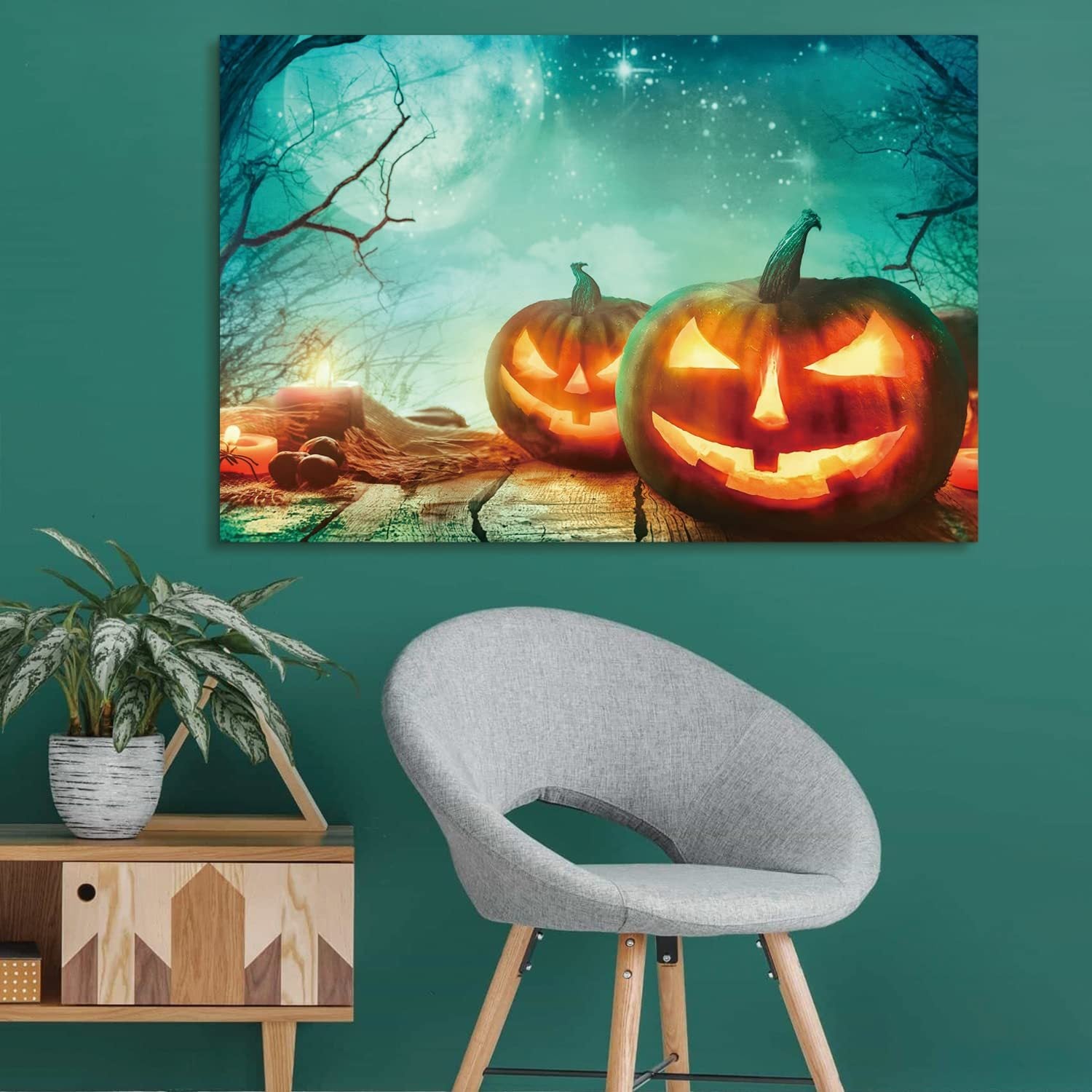 Drop Ping Framed Canvas Wall Art Decor Painting For Halloween, Jack O Lanterns Painting For Halloween Gift, Decoration For Halloween Living Room, Bedroom Decor Ready To Hang Multicolor Canvas