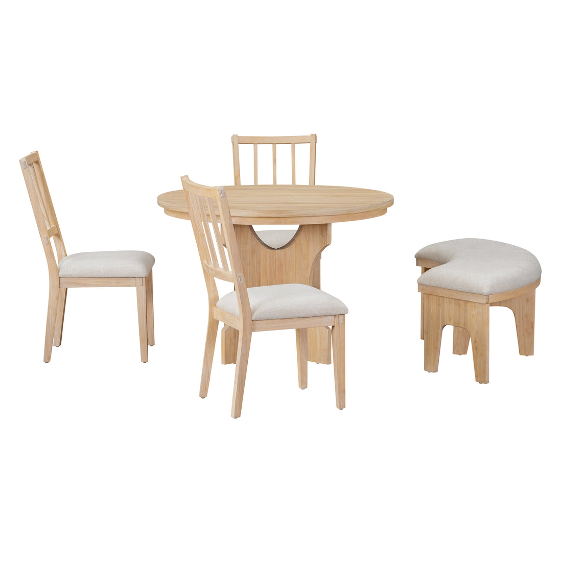 5 Piece Dining Table Set, 44" Round Dining Table With Curved Bench & Side Chairs For 4 5 People For Dining Room And Kitchen Natural Wood Wash Wood Dining Room Distressed Finish Rubberwood Round Dining Table With Chair And Bench Upholstered Chair Wood