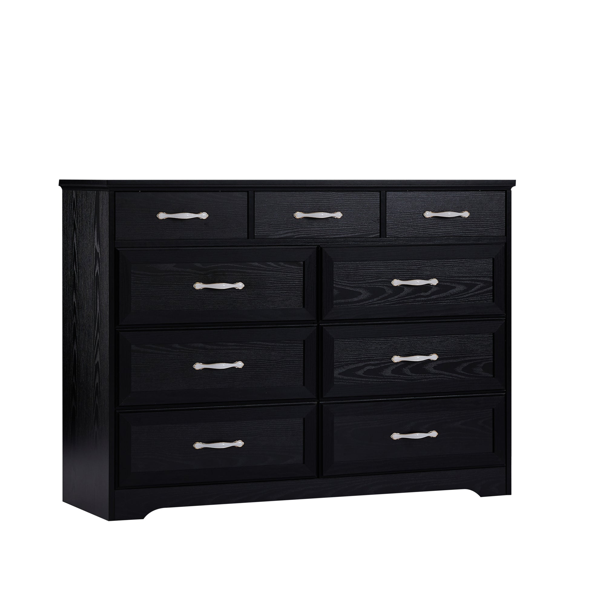 Bedroom Dresser, 9 Drawer Long Dresser With Antique Handles, Wood Chest Of Drawers For Kids Room, Living Room, Entry And Hallway, Black, 47.56''W X 15.75''D X 34.45''H. Black Particle Board