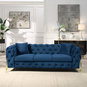 Blue Elegant Velvet Living Room 3 Seater Sofa, Upholstered Sofa Blue Velvet 3 Seat