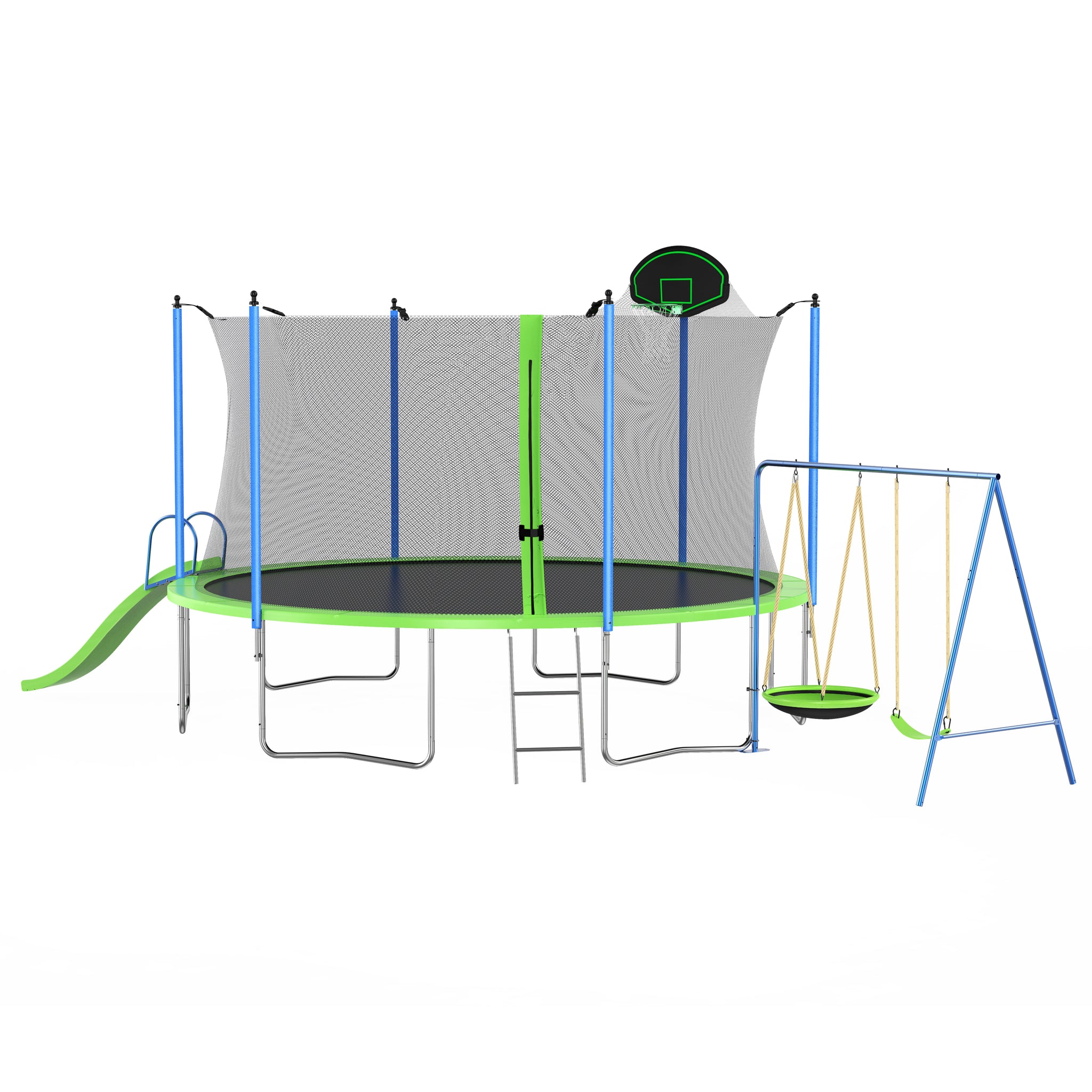 12FT Trampoline with Slide and Swings, ASTM Approved green-metal
