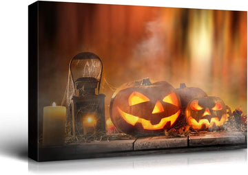 Drop Ping Framed Canvas Wall Art Decor Painting For Halloween, Jack O Lanterns Painting For Halloween Gift, Decoration For Halloween Living Room, Bedroom Decor Ready To Hang Rectangle Framed Multicolor Halloween Oversized 41In Canvas Cultures And