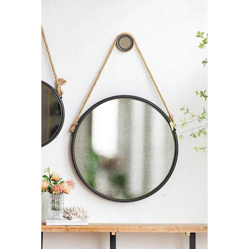 29.5" In On Trend Hanging Round Mirror With Black Framed And With Rope Strap Contemporary Industrial Decor For Bathroom, Bedroom, Or Living Space Black Iron