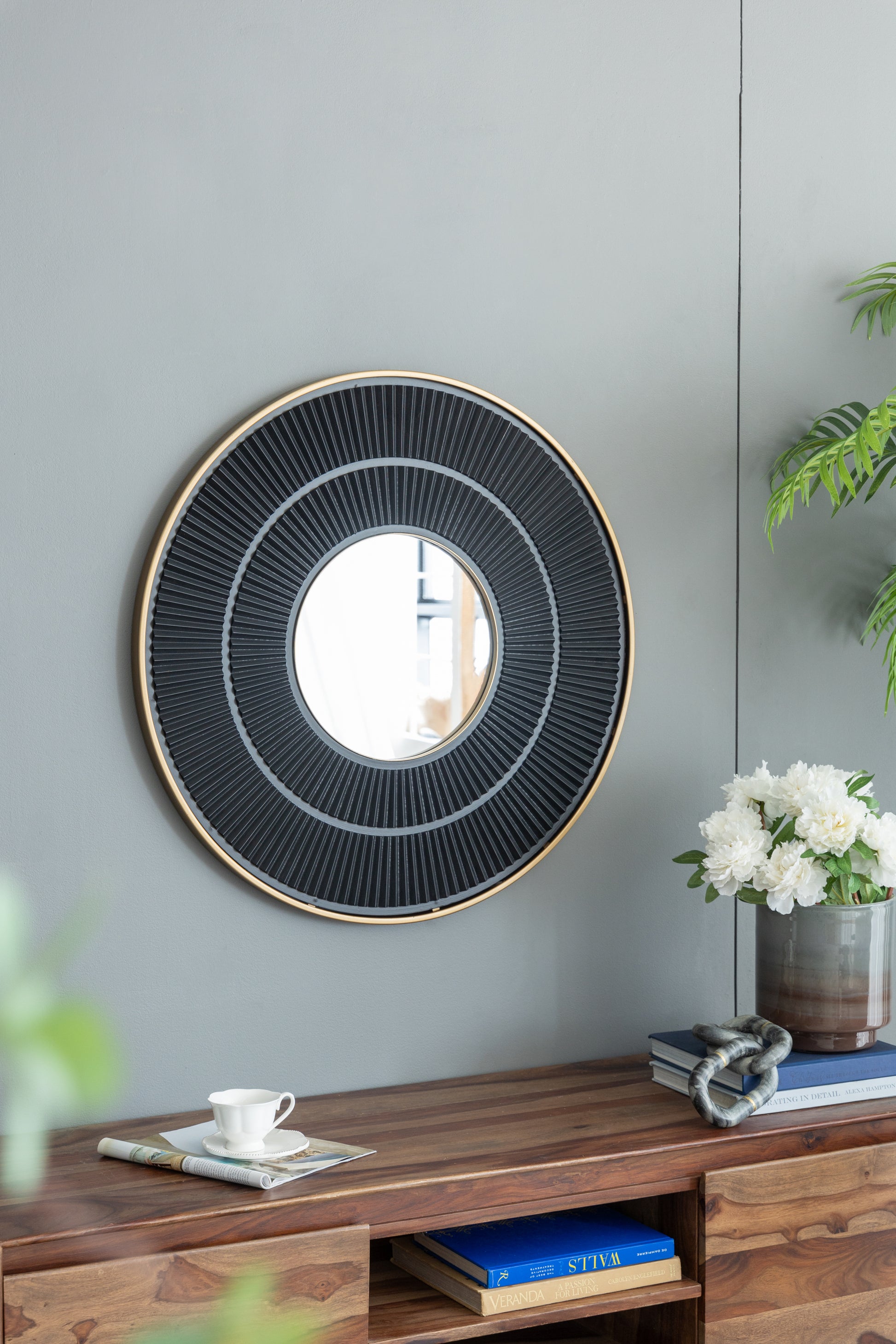 31.5x1x31.5" Round Carter Wooden Mirror with Gold Iron golden black-mdf+glass