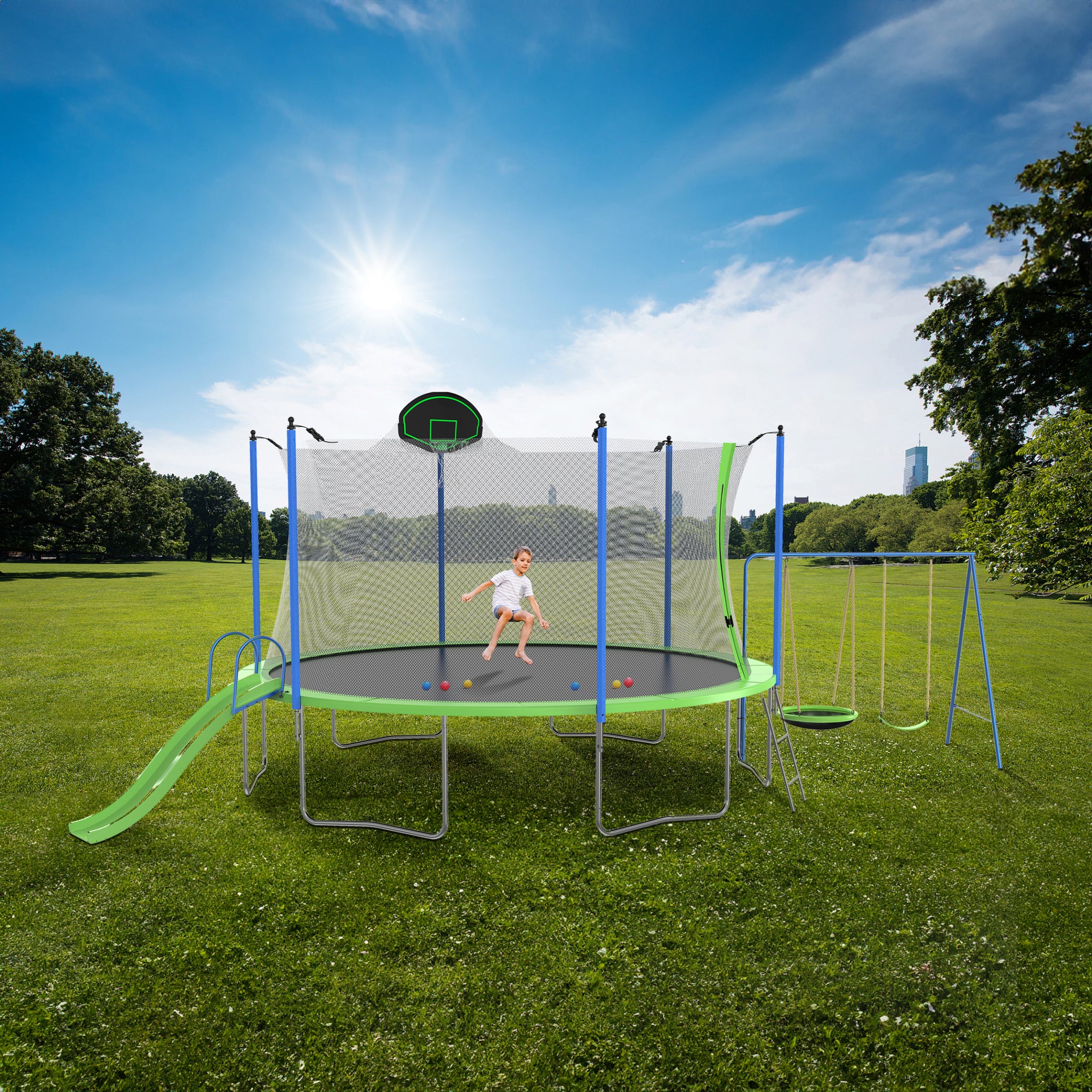 12FT Trampoline with Slide and Swings, ASTM Approved green-metal