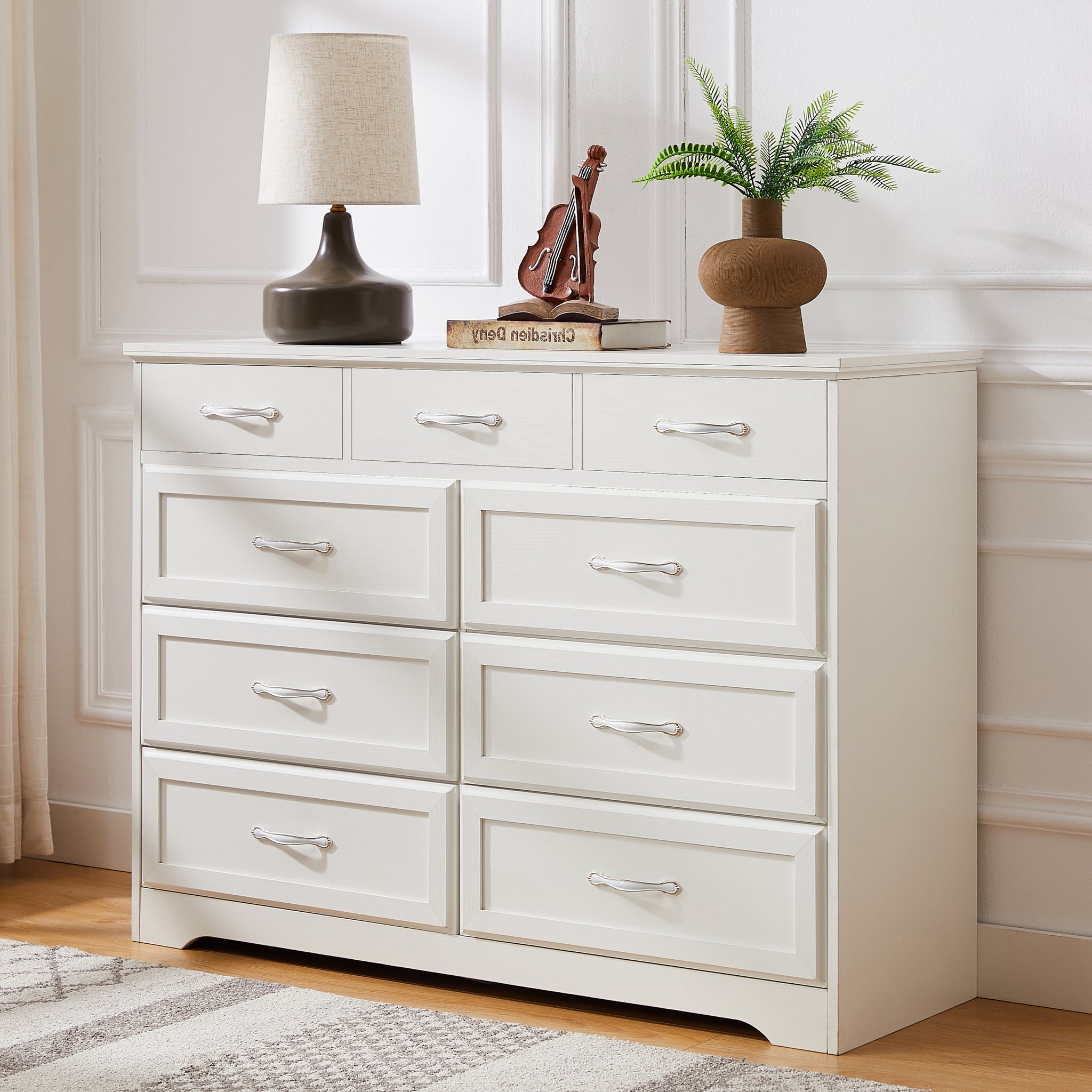 Bedroom Dresser, 9 Drawer Long Dresser With Antique Handles, Wood Chest Of Drawers For Kids Room, Living Room, Entry And Hallway, White, 47.56''W X 15.75''D X 34.45''H. White Particle Board