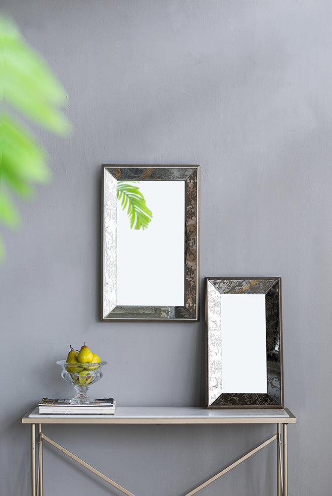 20" X 12" Antique Silver Rectangle Mirror With Floral Accents, Mirrored Display Tray, Hanging Wall Mirror Silver Mdf Glass