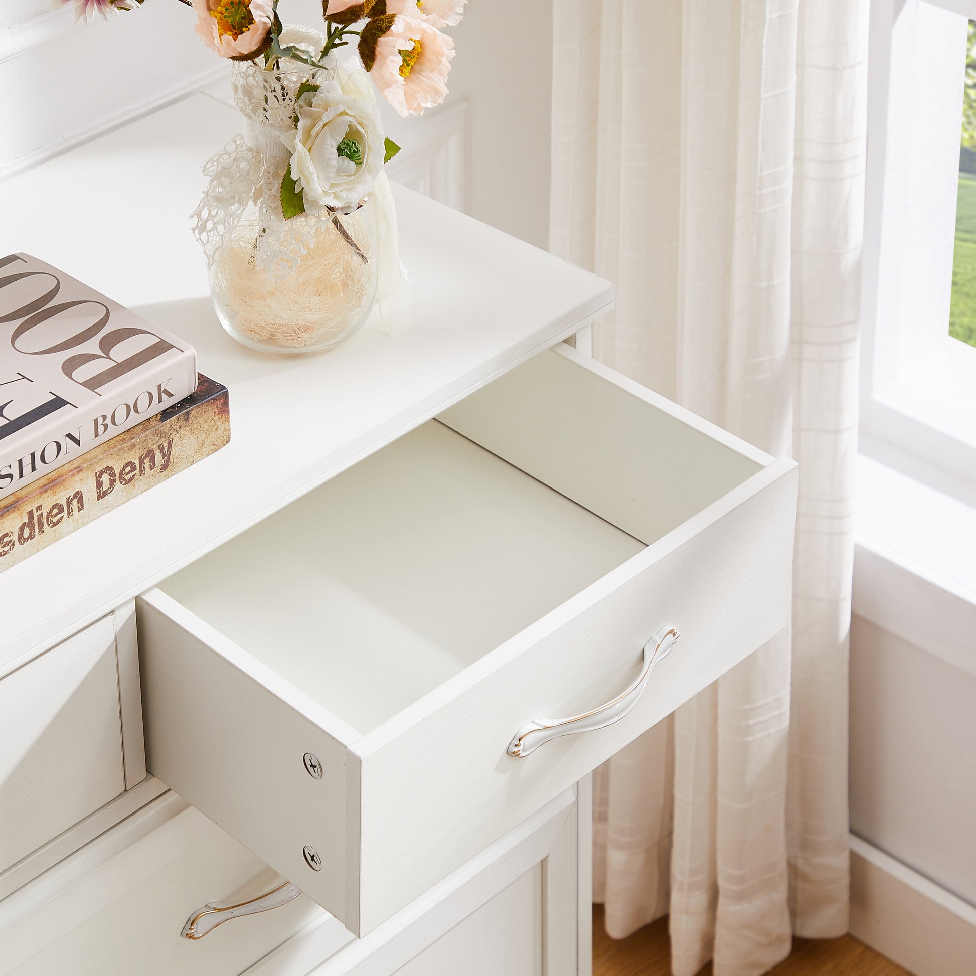 Bedroom Dresser, 9 Drawer Long Dresser With Antique Handles, Wood Chest Of Drawers For Kids Room, Living Room, Entry And Hallway, White, 47.56''W X 15.75''D X 34.45''H. White Particle Board