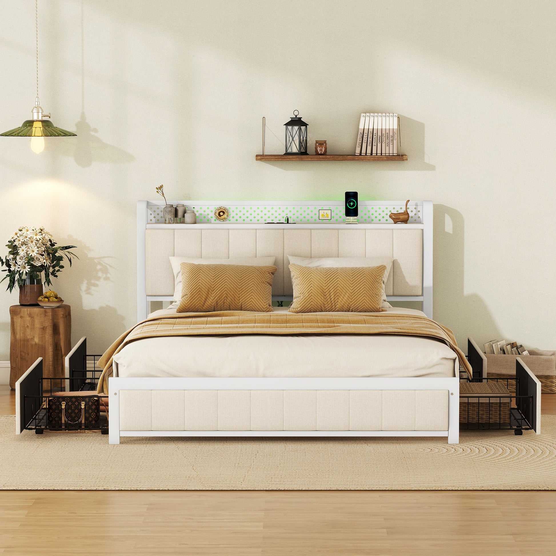 Queen Bed Frame With Led Headboard, Upholstered Bed With 4 Storage Drawers And Usb Ports, Beige Queen Beige Linen