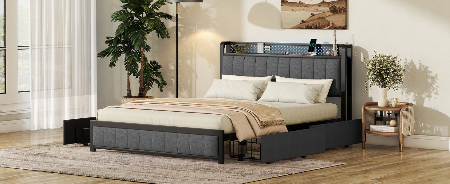 Queen Bed Frame With Led Headboard, Upholstered Bed With 4 Storage Drawers And Usb Ports, Dark Grey Queen Dark Gray Linen