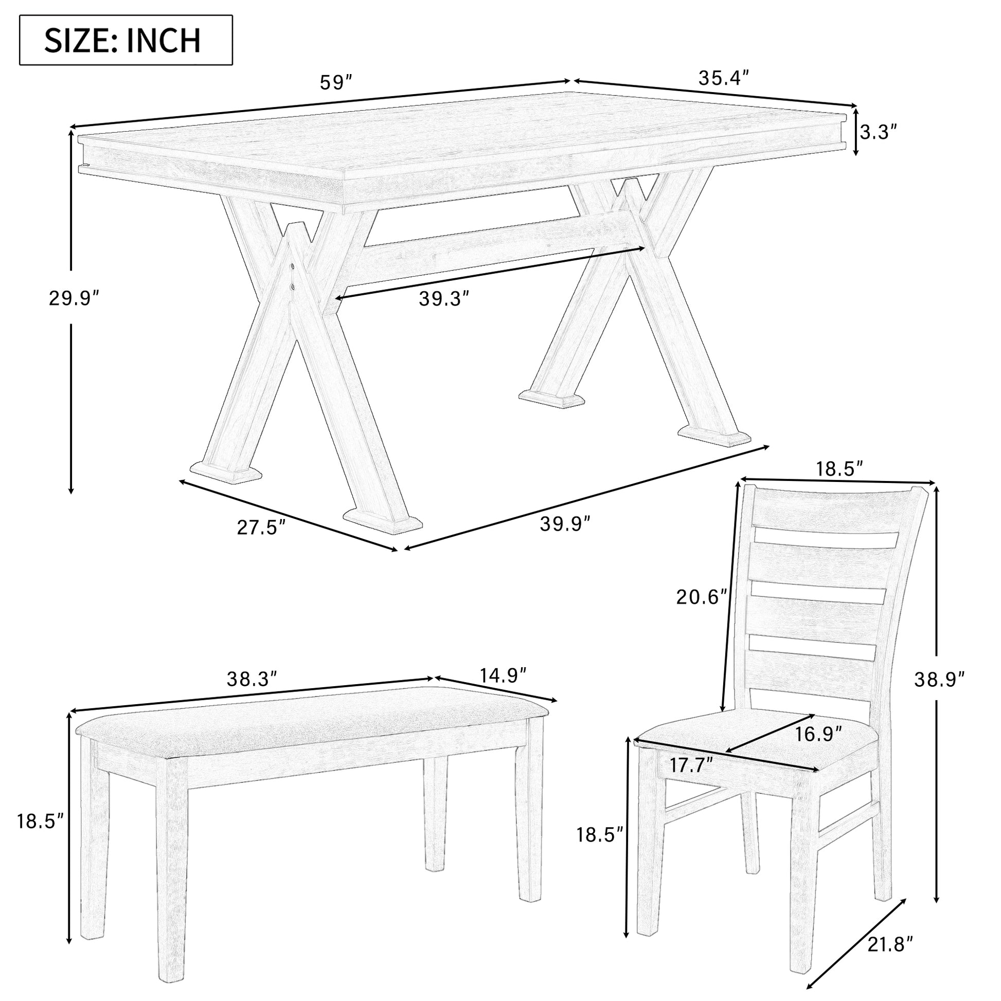 6 Piece Retro 59"L Rectangular Dining Table Set, Table With Unique Legs And 4 Upholstered Chairs & 1 Bench For Dining Room And Kitchen Natural Wood Wash Wood Dining Room Distressed Finish Rubberwood Rectangular Dining Table With Chair And Bench