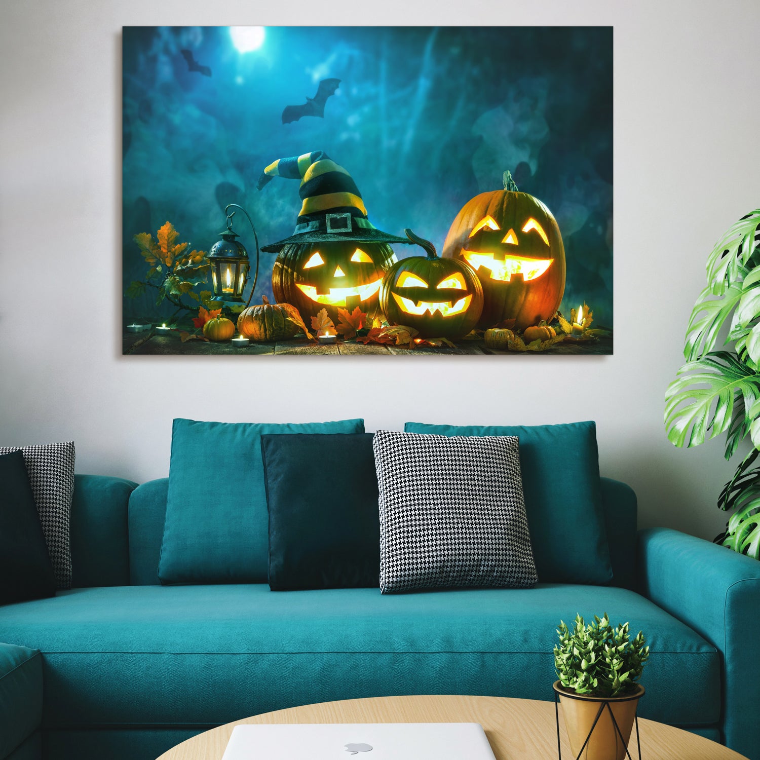 Drop Ping Framed Canvas Wall Art Decor Painting For Halloween, Jack O Lanterns With Wizard Hat Painting For Halloween Gift, Decoration For Halloween Living Room, Bedroom Decor Ready To Hang