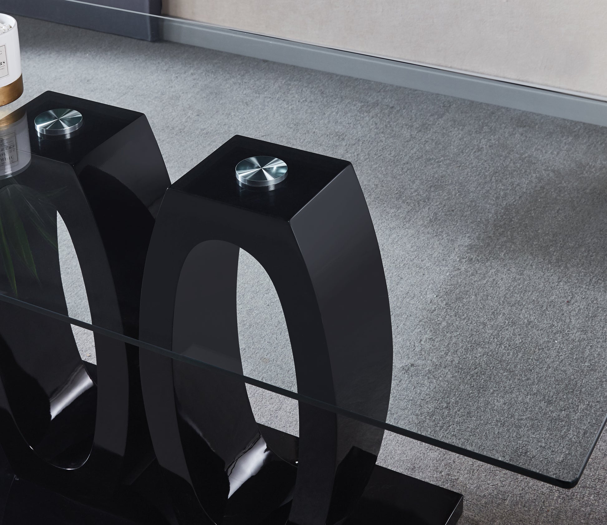 Contemporary Double Pedestal Dining Table, Tempered Glass Top With Mdf Base Black Tempered Glass