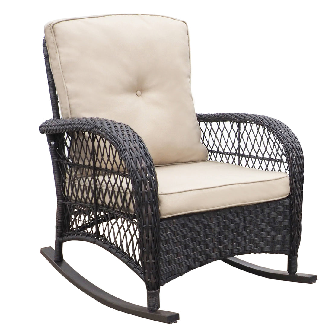 Garden Rocking Chair,Outdoor Rattan Rocker Chair With All Weather Hand Woven Resin Wicker, Patio Relaxing Lounge Furniture With Powder Coated Metal Frame For Backyard,Porch Yes Dark Brown Garden & Outdoor Pe Rattan Iron Waterproof Fabric