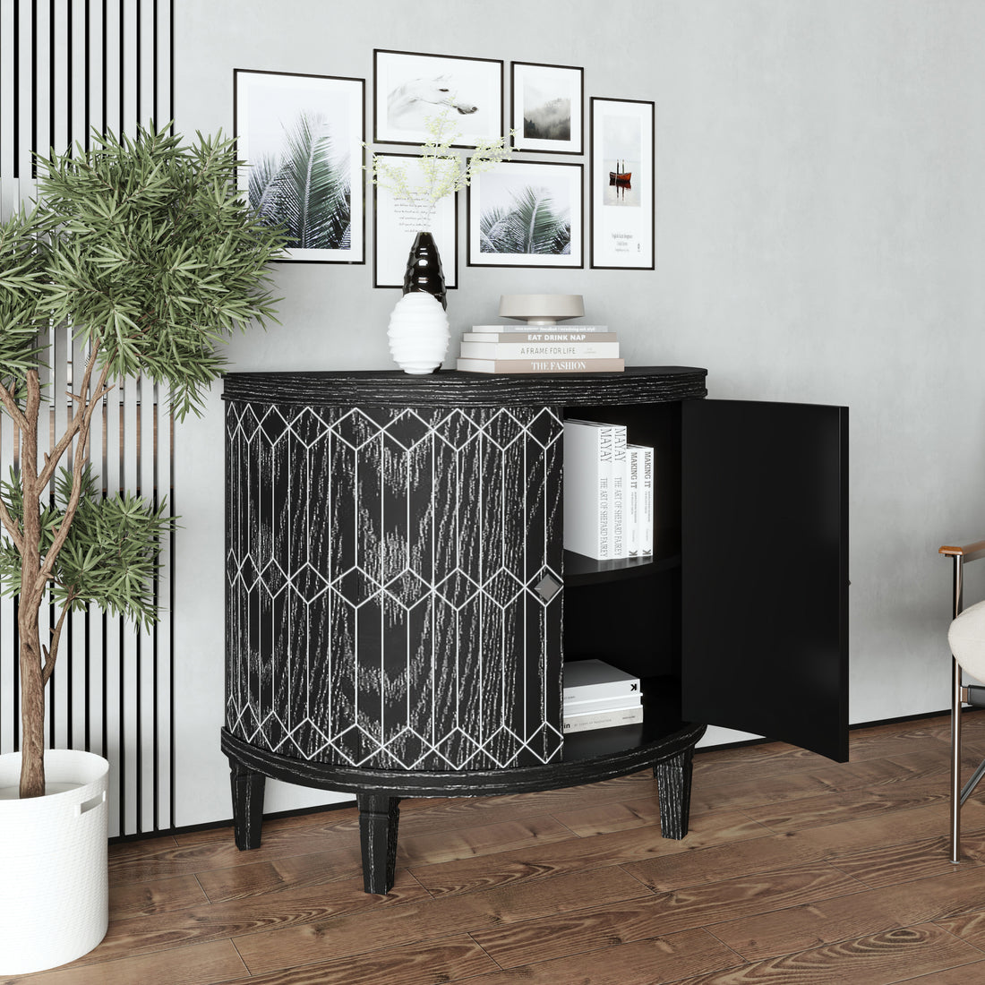 Accent Cabinet Modern Half Moon 2 Door Wooden Cabinet Storage Cabinet Solid Wood Veneer With Featuring Two Tier Storage, For Living Room, Hallway, Entryway And Dining Room, Painted In Black 1 2 Shelves Distressed Finish Black Distressed Finish Art