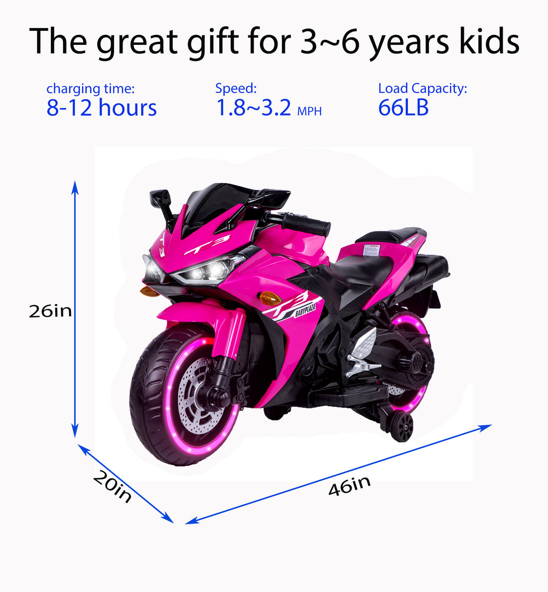 Kids Motorcycle,12V Motorcycle For Kids 3 4 5 6 Years Boys Girls 12V7Ah Kids Motorcycle Ride On Toy With Training Wheels Manual Throttle Drive By Hand Lighting Wheels Pink 50 99 Lbs Plastic Indoor &
