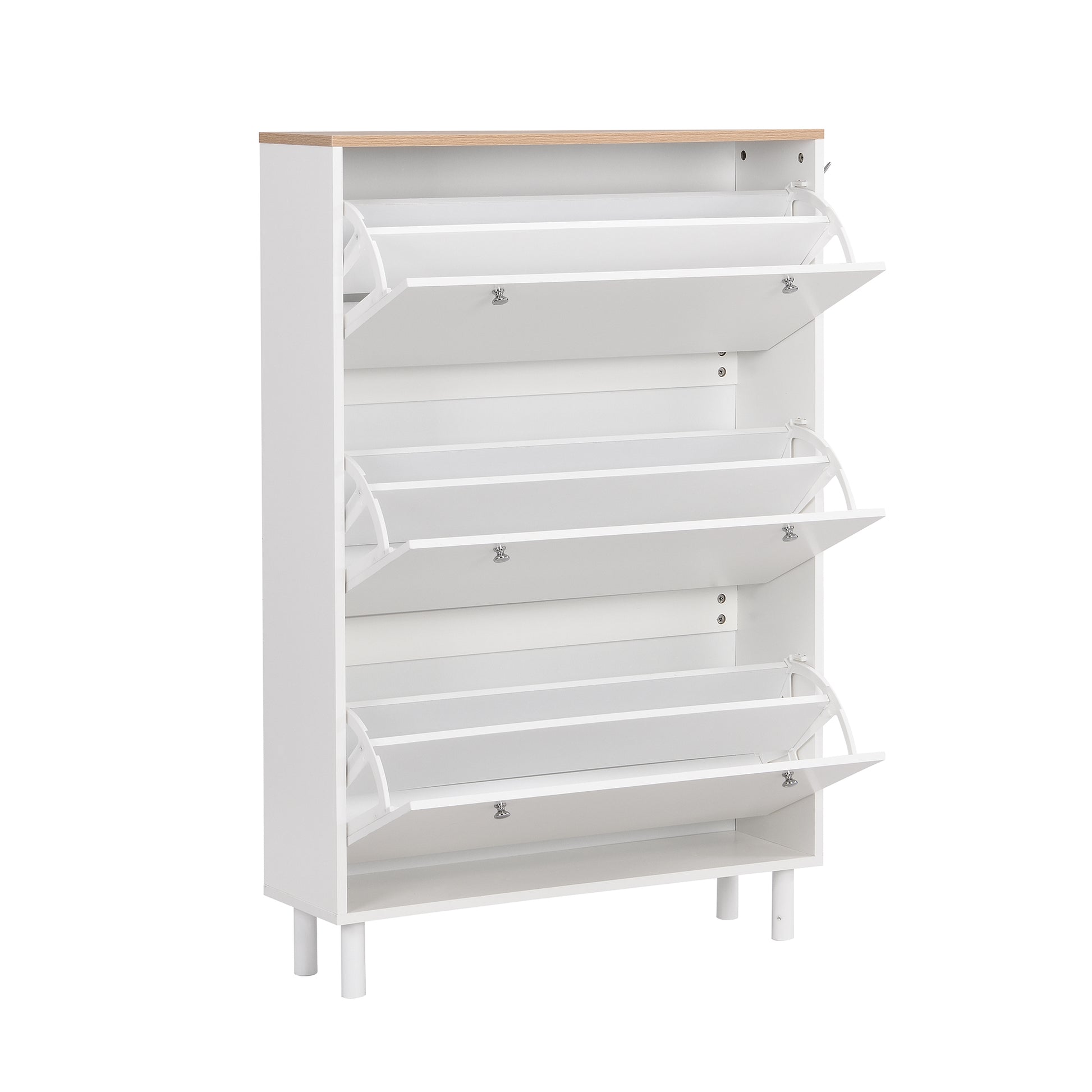 Narrow Design Shoe Cabinet With 3 Flip Drawers, Wood Grain Pattern Top Entryway Organizer With 3 Hooks, Free Standing Shoe Rack With Adjustable Panel For Hallway, White Freestanding 3 4 Drawers White Primary Living Space Shelves Included Particle Board