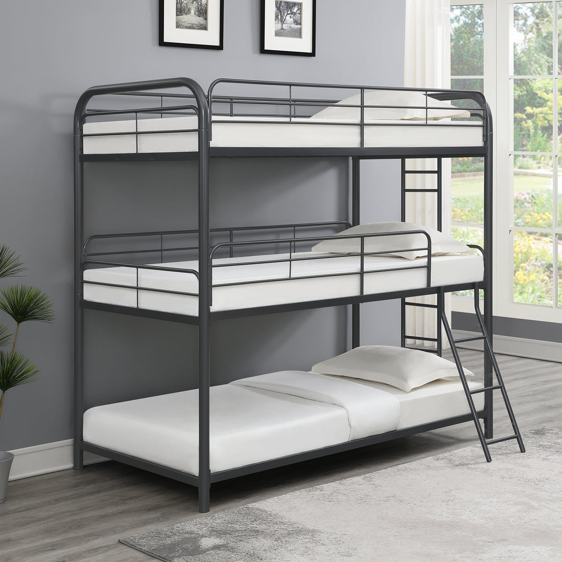 Furnituretriple Bunk Bed, Twin Twin Twin, Black Black Metal