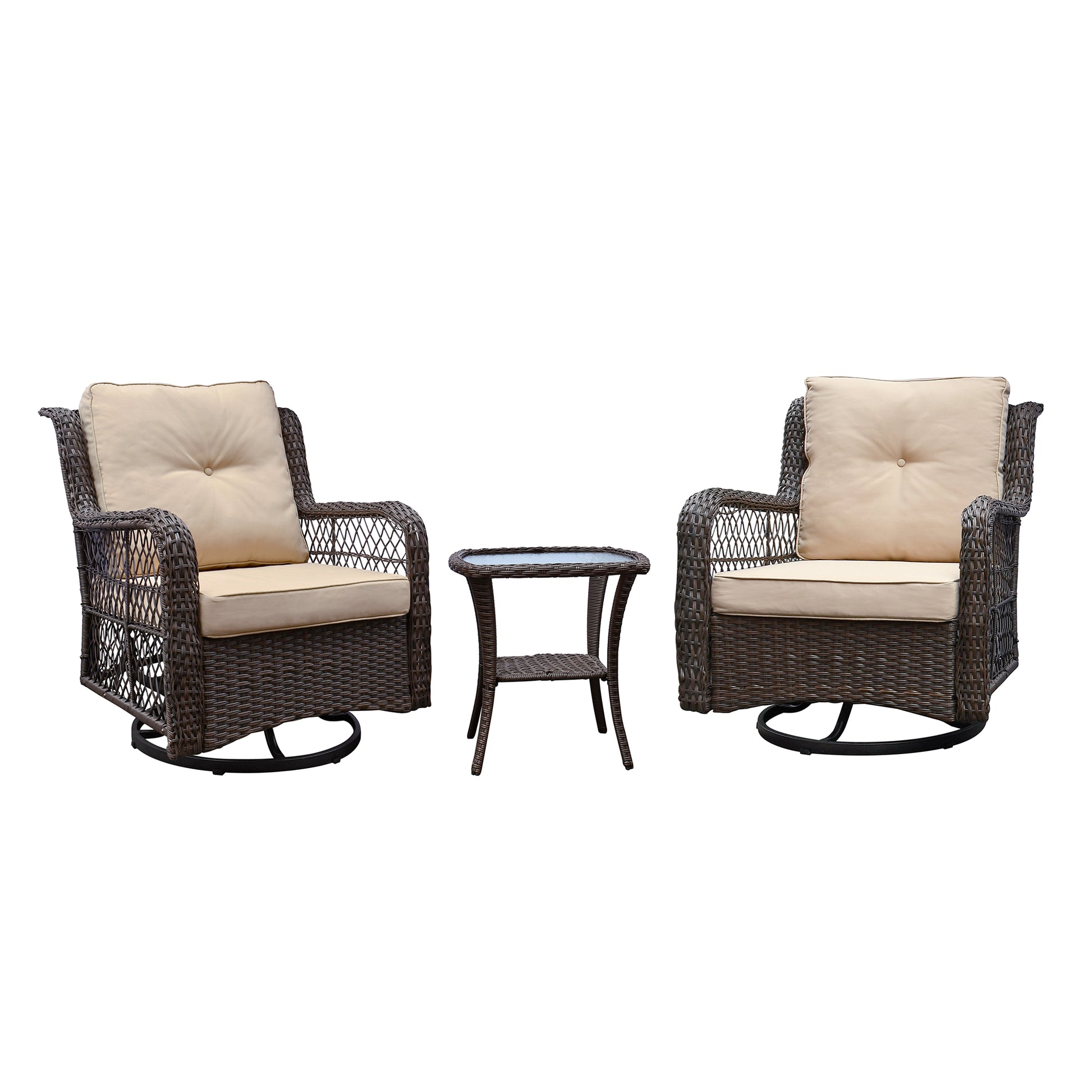 Outdoor Bistro Set 3 Pieces, Outdoor Resin Wicker Swivel Rocker Patio Chair, 360 Degree Swivel Rocking Chairs And Tempered Glass Top Side Coffee Table, Outdoor Rattan Conversation Sets Khaki Yes Complete Patio Set Khaki Weather Resistant Frame Fade