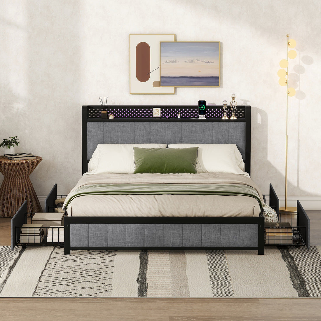 Queen Bed Frame with LED Headboard, Upholstered Bed light gray-linen