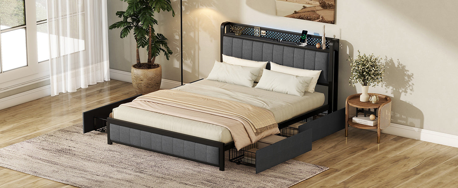 Queen Bed Frame With Led Headboard, Upholstered Bed With 4 Storage Drawers And Usb Ports, Dark Grey Queen Dark Gray Linen
