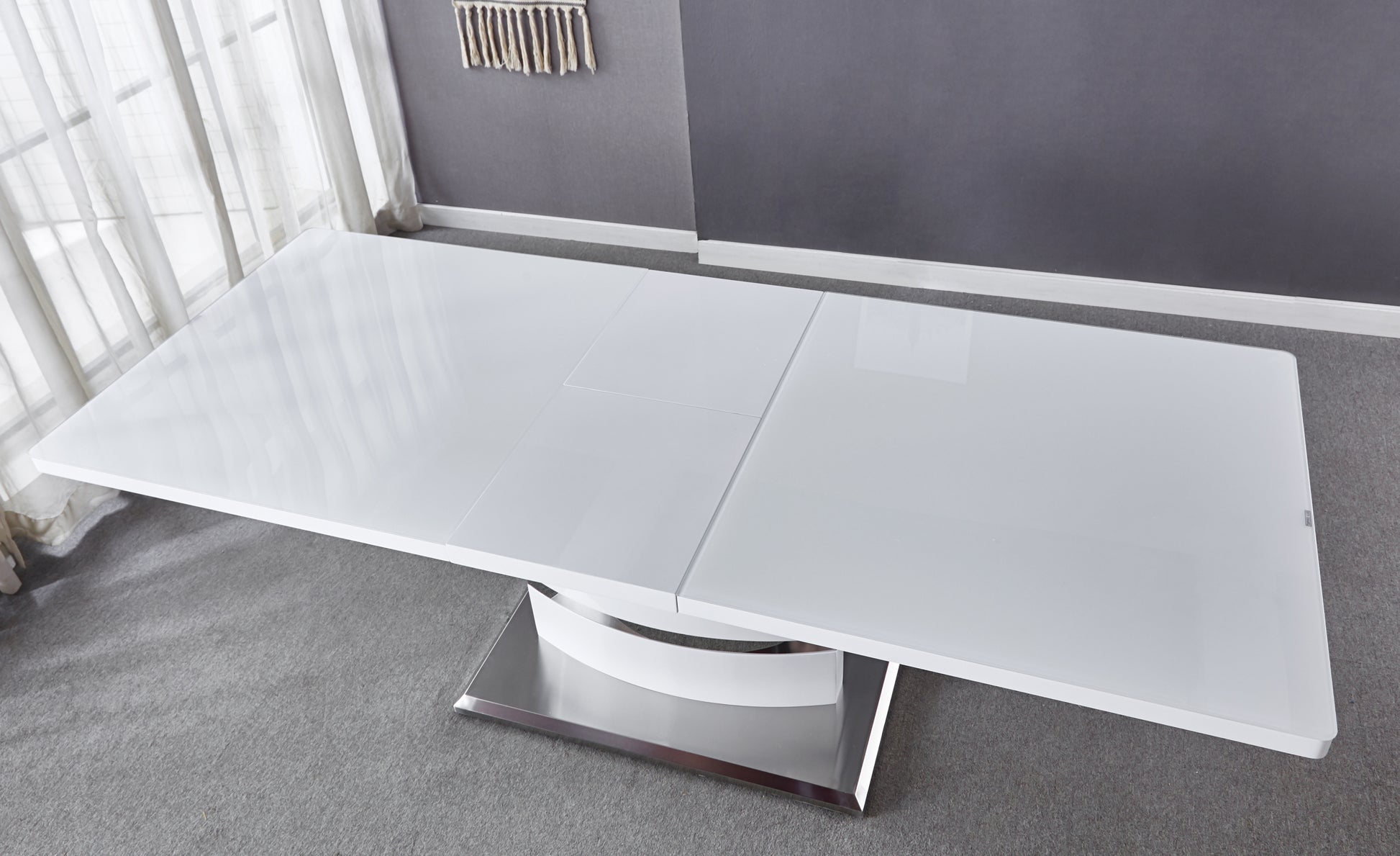 Expandable Glass Top Table With Butterfly Leaf, White Lacquer Mdf Base With Stainless Steel White Mdf