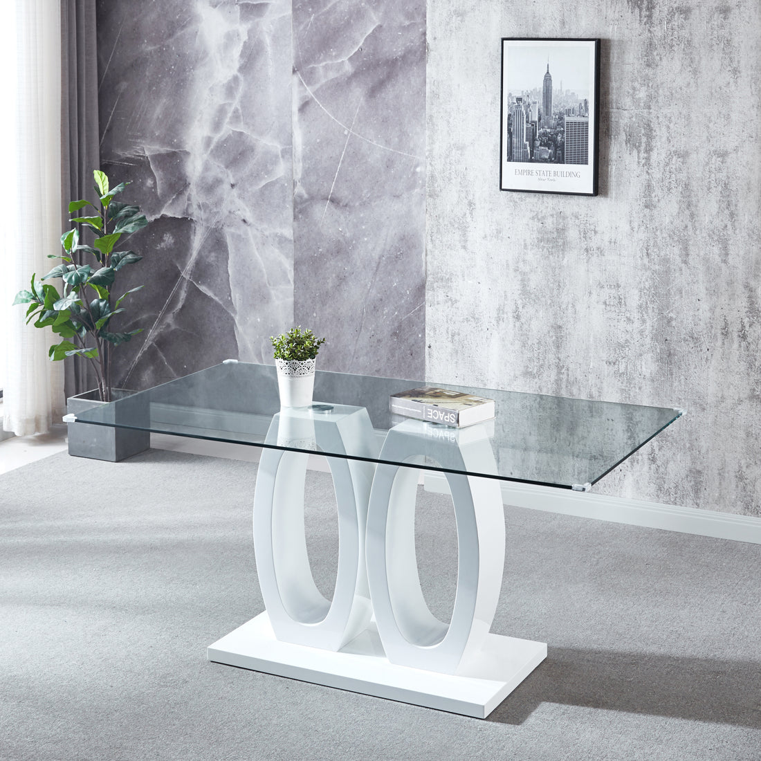 Contemporary Double Pedestal Dining Table, Tempered Glass Top With Mdf Base White Tempered Glass