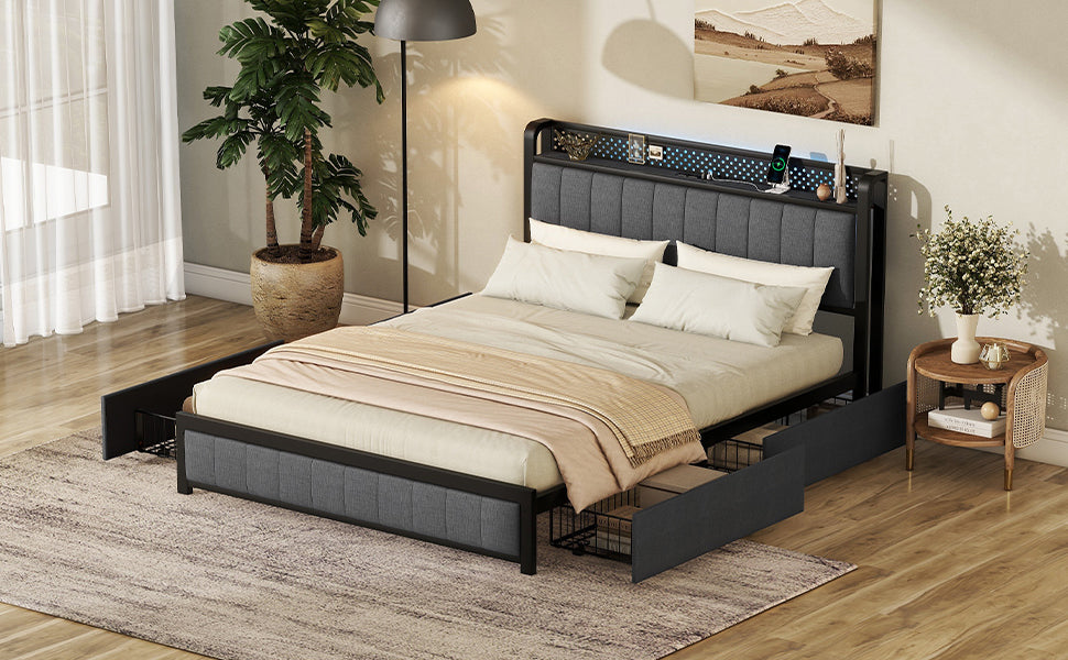 Queen Bed Frame With Led Headboard, Upholstered Bed With 4 Storage Drawers And Usb Ports, Dark Grey Queen Dark Gray Linen