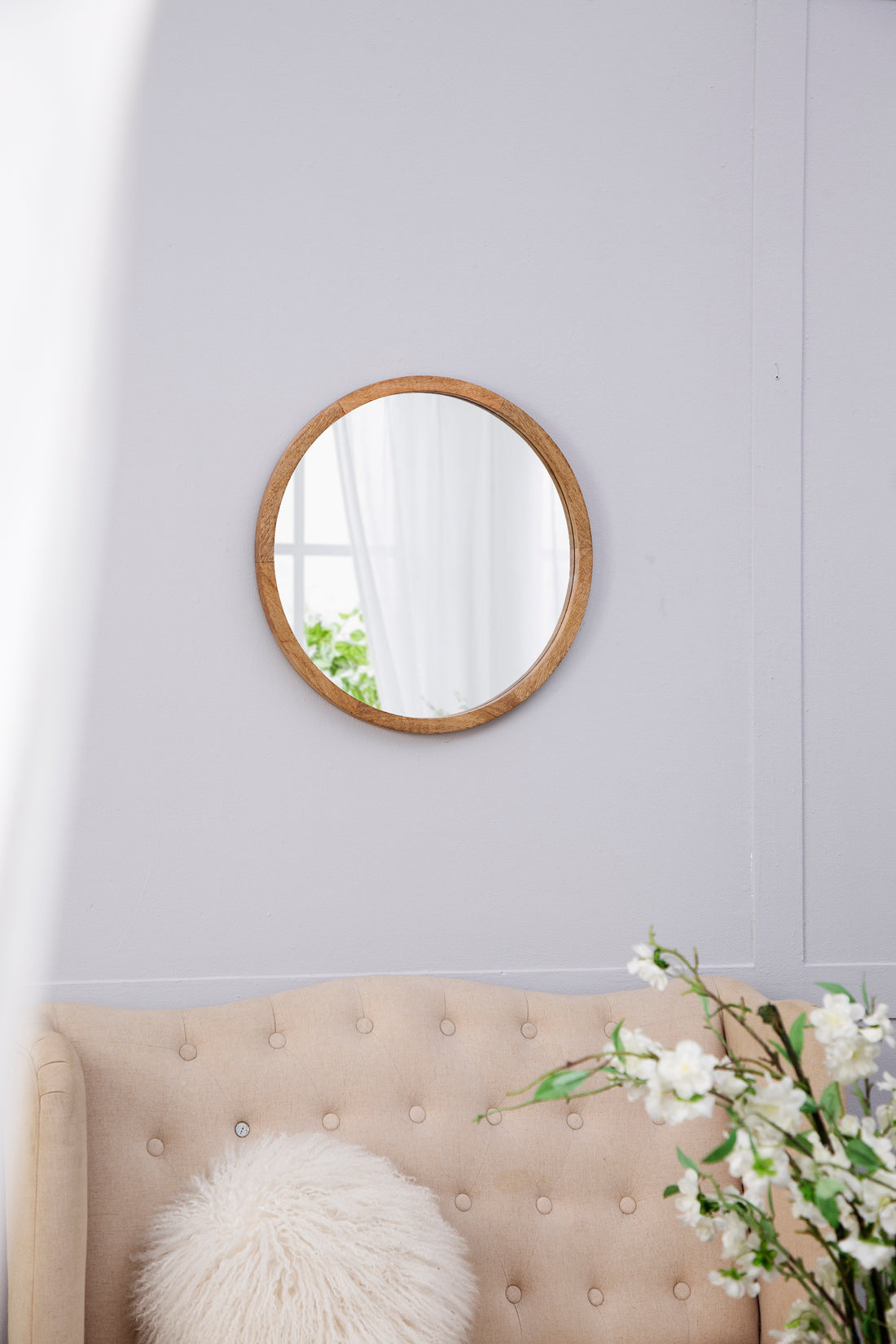 20" X 20" Circle Wall Mirror With Wooden Frame, Wall Mirror For Living Room, Dining Room, Foyer, Bathroom, Office Brown Wood Glass