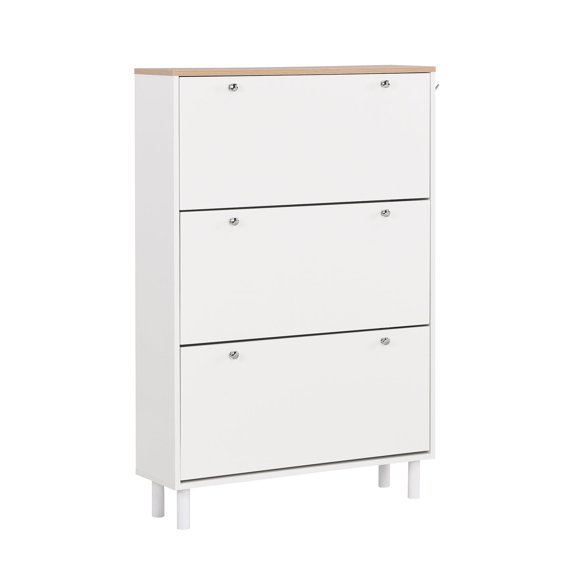 Narrow Design Shoe Cabinet With 3 Flip Drawers, Wood Grain Pattern Top Entryway Organizer With 3 Hooks, Free Standing Shoe Rack With Adjustable Panel For Hallway, White Freestanding 3 4 Drawers White Primary Living Space Shelves Included Particle Board