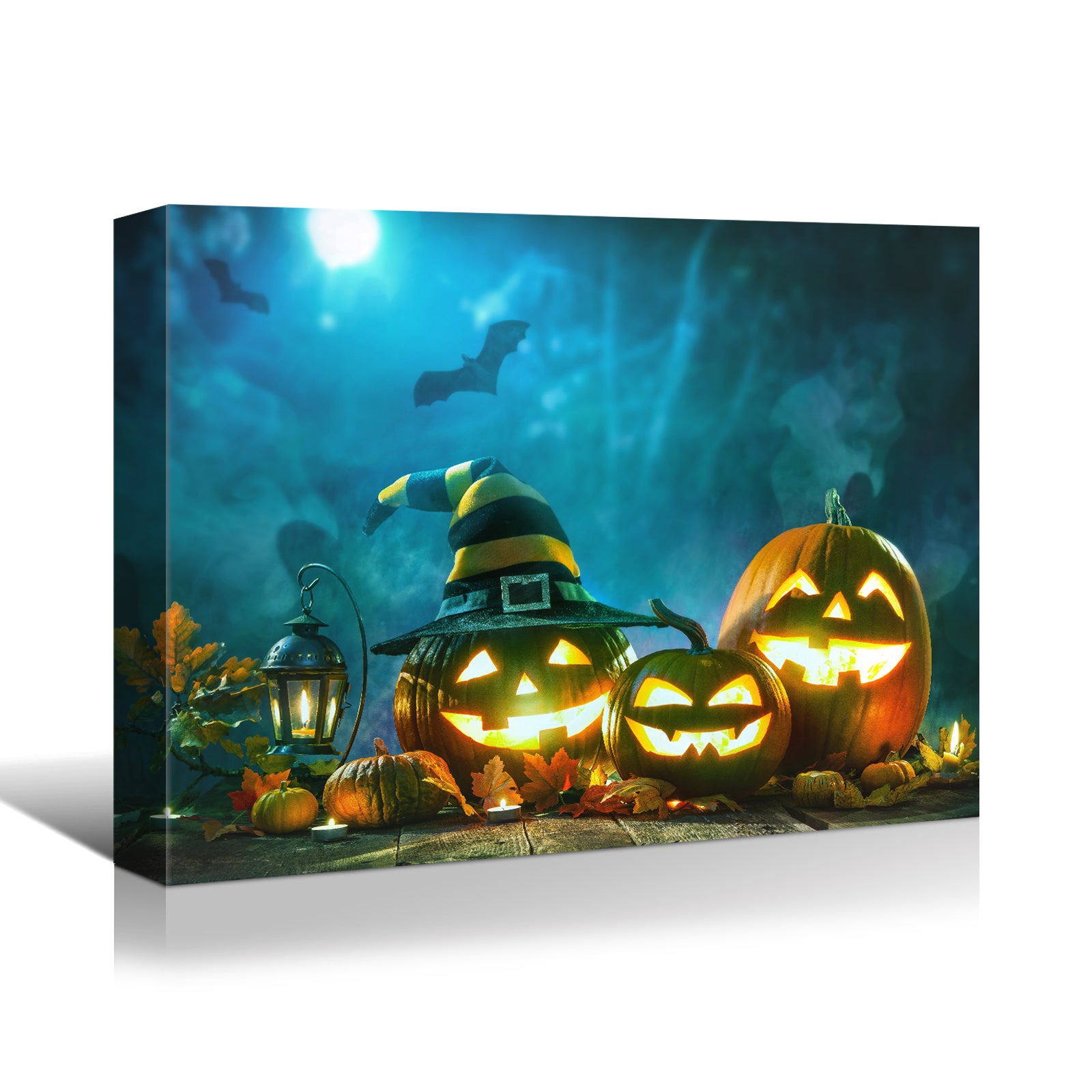 Drop Ping Framed Canvas Wall Art Decor Painting For Halloween, Jack O Lanterns With Wizard Hat Painting For Halloween Gift, Decoration For Halloween Living Room, Bedroom Decor Ready To Hang