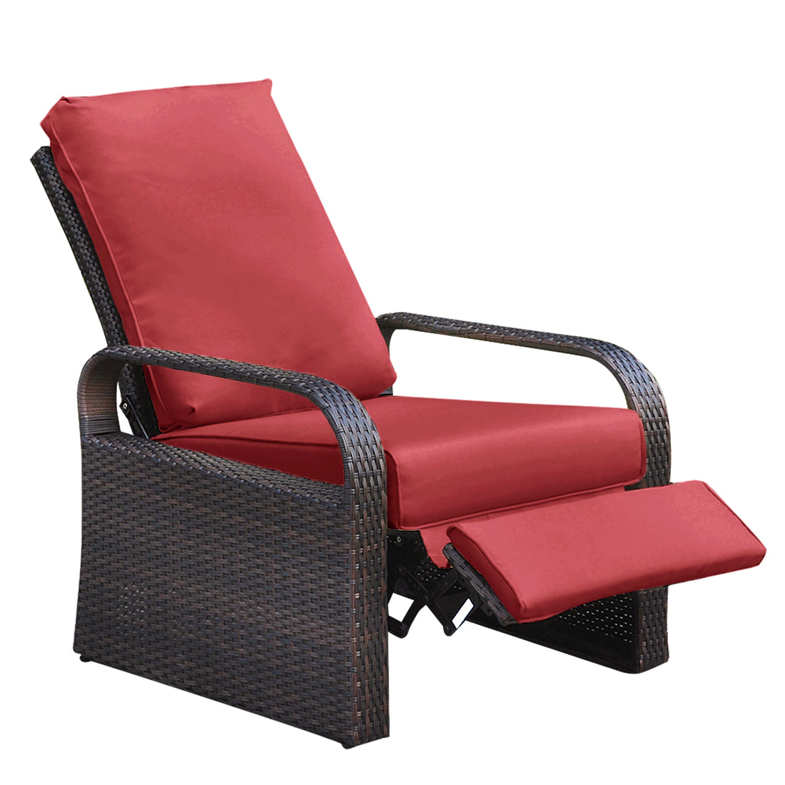 Outdoor Garden Recliner Chair, Automatic Adjustable Wicker Lounge Recliner Chair With Comfy Thicken Cushion, All Weather Aluminum Frame, Brown Wicker Red Cushion Yes Lounge Red Rust Resistant Frame Fade Resistant Cushion Garden & Outdoor Classic Complete