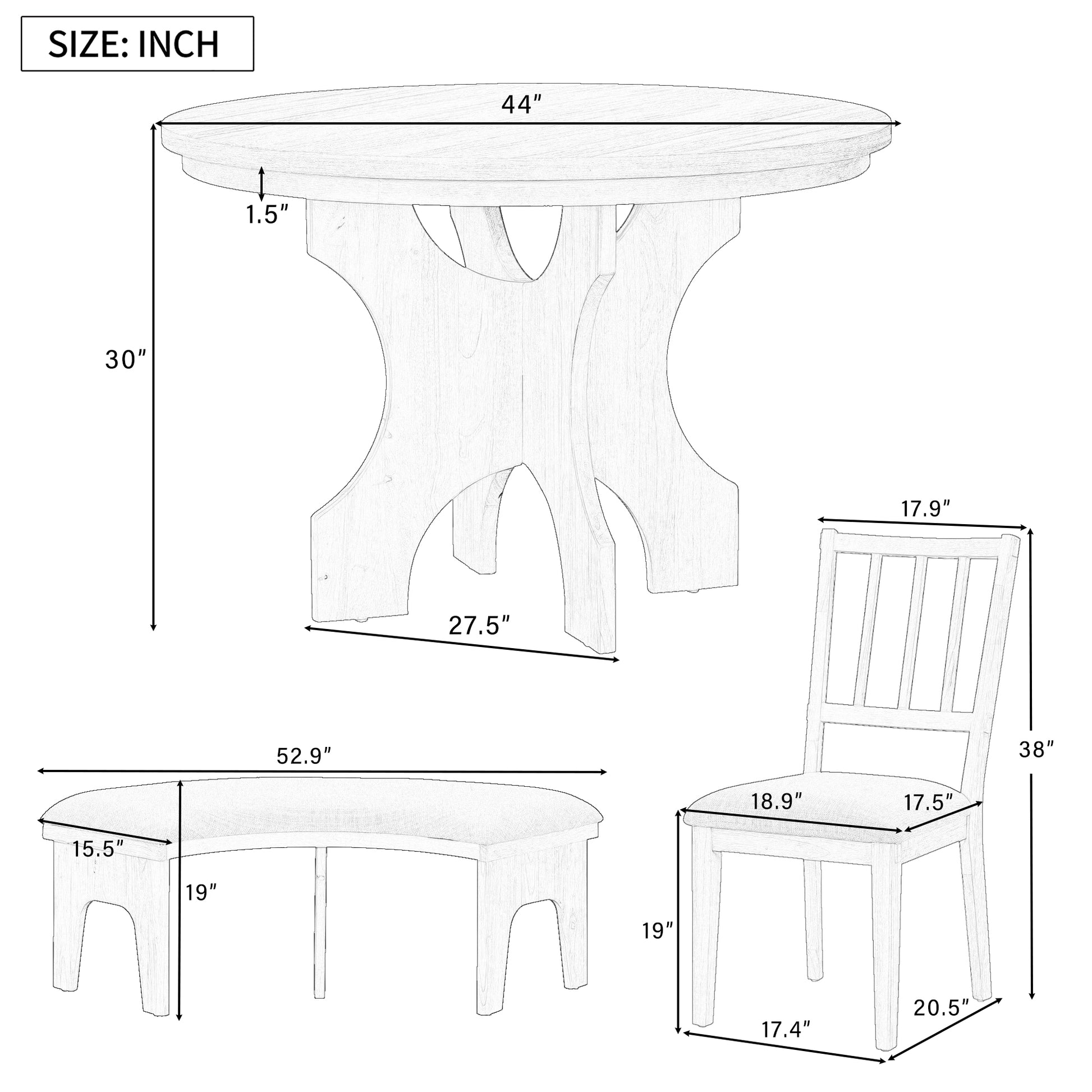 5 Piece Dining Table Set, 44" Round Dining Table With Curved Bench & Side Chairs For 4 5 People For Dining Room And Kitchen Grey Wood Dining Room Distressed Finish Rubberwood Round Dining Table With Chair And Bench Upholstered Chair Wood Grey Slat Back