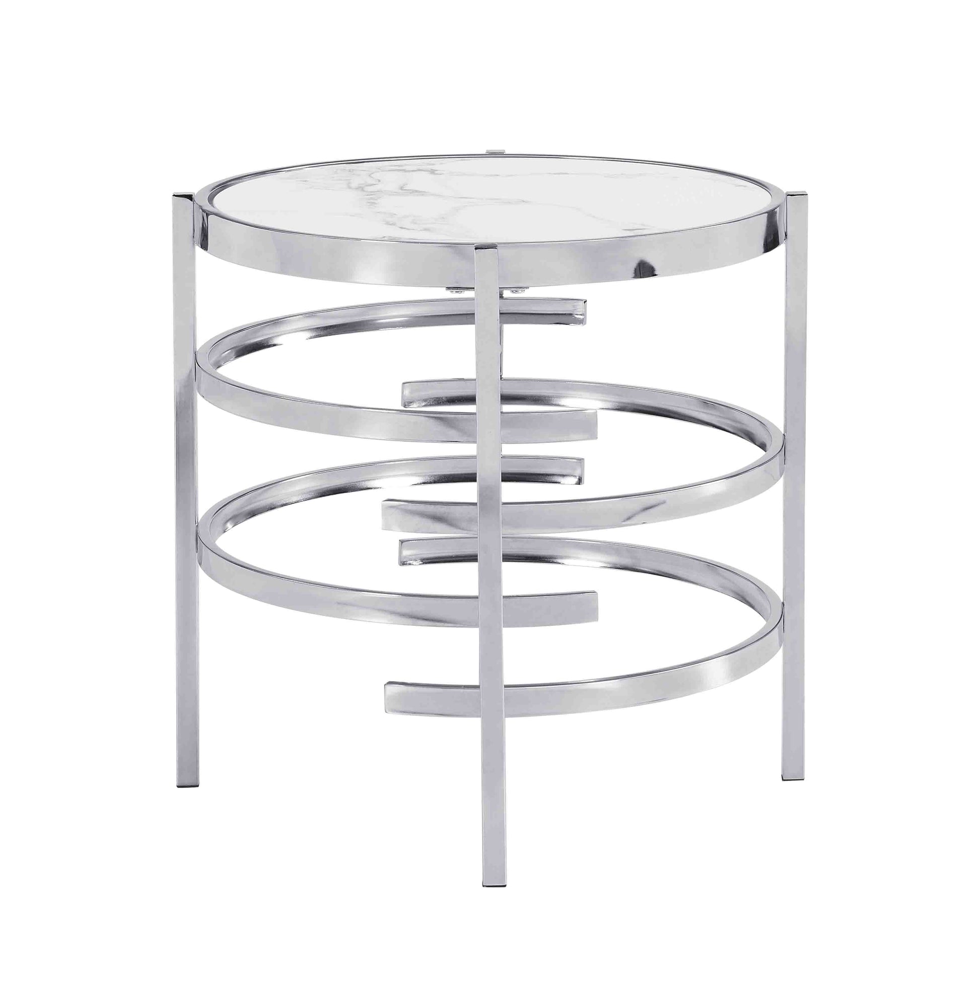 Modern Round End Table With Sintered Stone Top, Chrome Silver End Table For Living Room 20.67''W X 20.67''D X 21.65''H Silver Iron