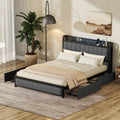 Queen Bed Frame With Led Headboard, Upholstered Bed With 4 Storage Drawers And Usb Ports, Dark Grey Queen Dark Gray Linen