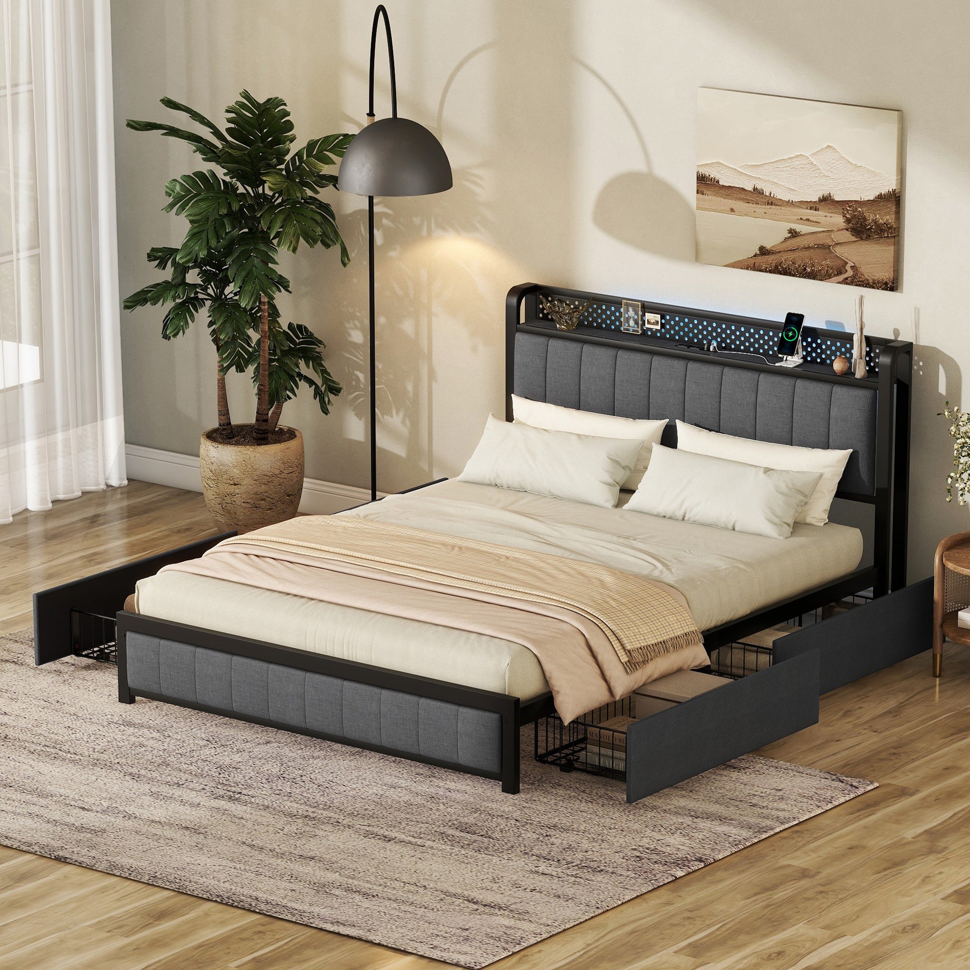 Queen Bed Frame With Led Headboard, Upholstered Bed With 4 Storage Drawers And Usb Ports, Dark Grey Queen Dark Gray Linen