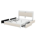 Queen Bed Frame With Led Headboard, Upholstered Bed With 4 Storage Drawers And Usb Ports, Beige Queen Beige Linen