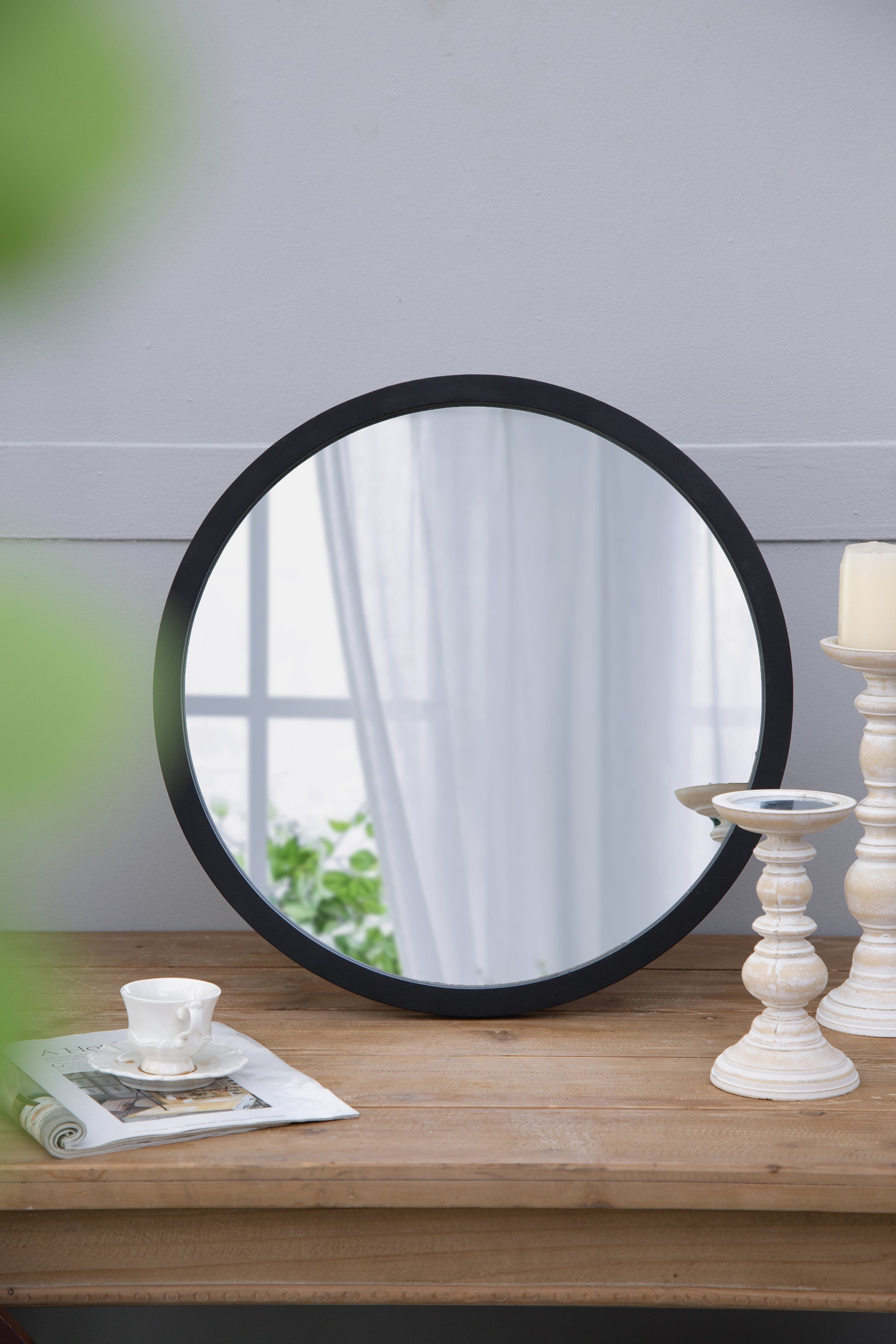 20" X 20" Circle Wall Mirror With Wooden Frame And Black Finish, Wall Mirror For Living Room, Dining Room, Foyer, Bathroom, Office Black Wood Glass