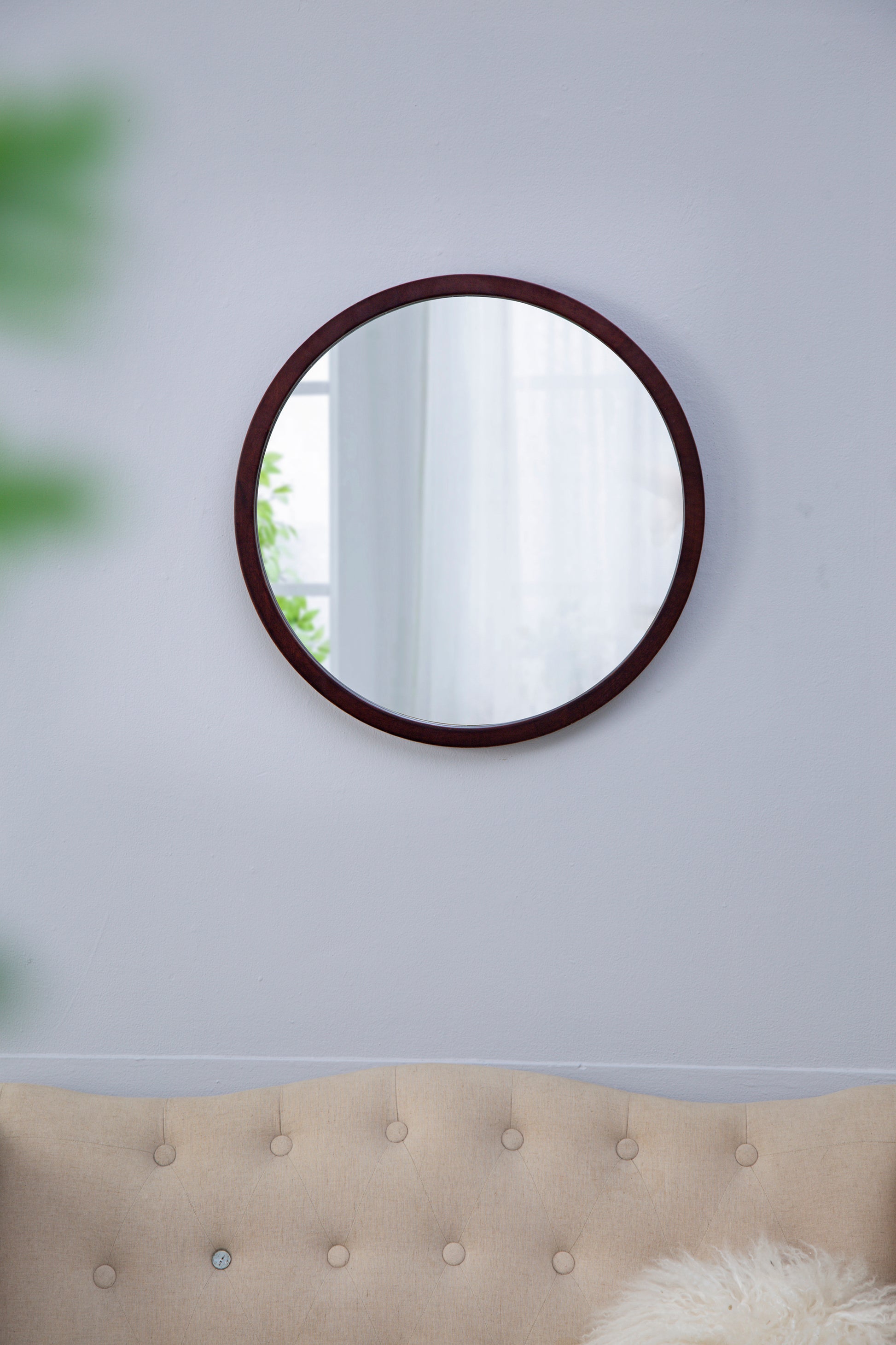 20" x 20" Circle Wall Mirror with Wooden Frame and brown-wood+glass