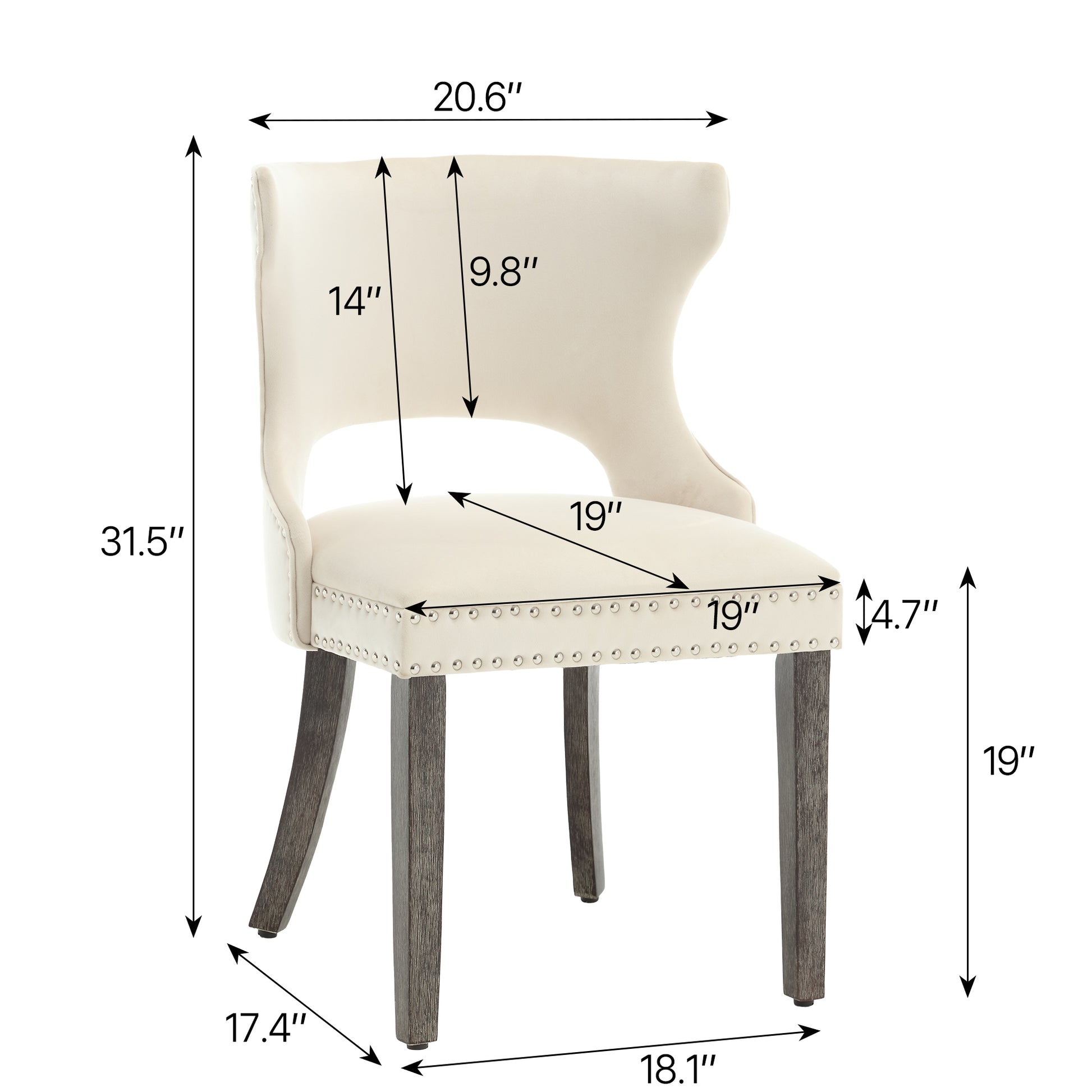 Hengming Velvet Dining Chair, Hollowed Out With Rivets On The Back, Solid Wood Legs Suitable For Dining Room And Kitchen Beige Velvet