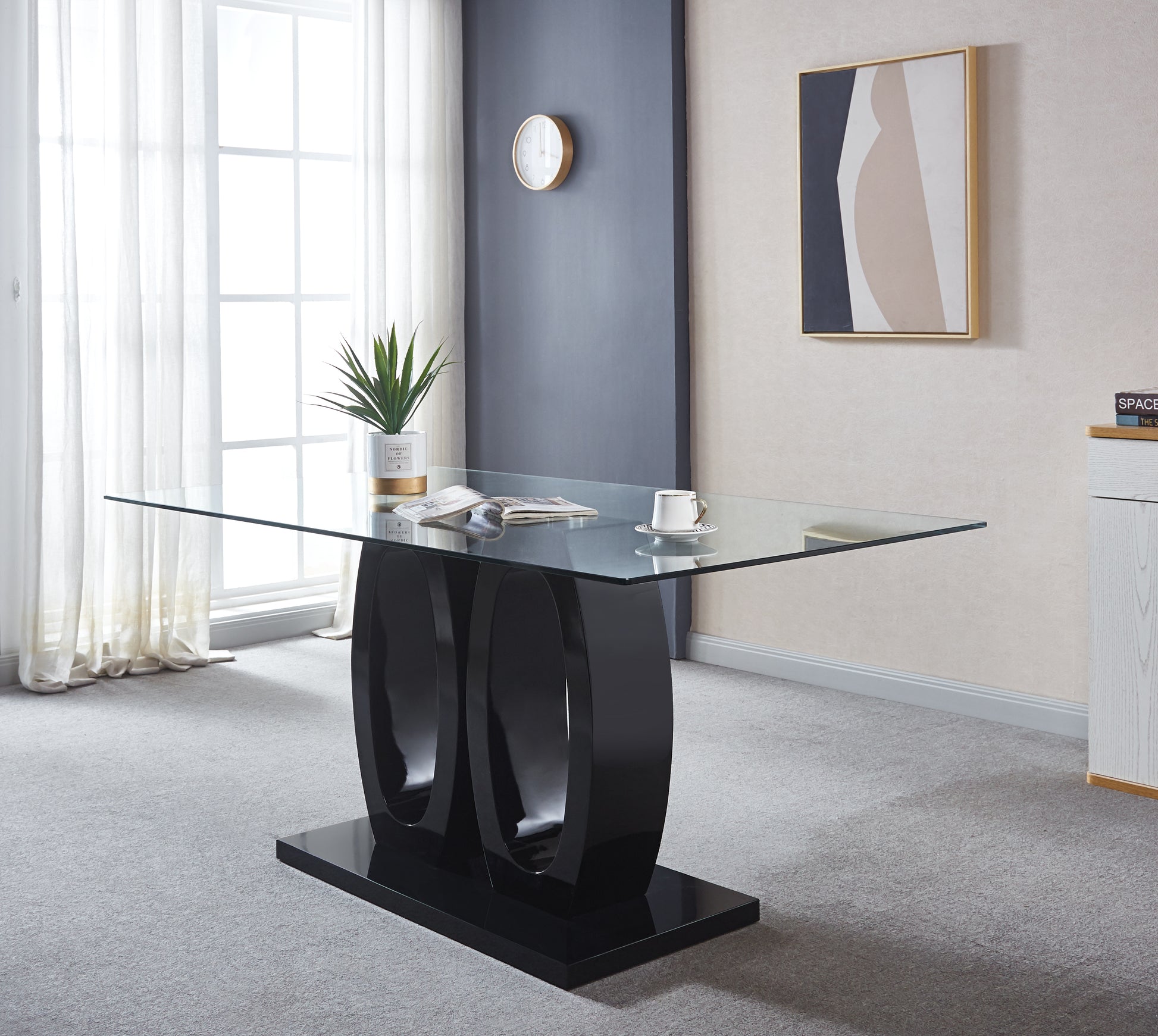 Contemporary Double Pedestal Dining Table, Tempered Glass Top With Mdf Base Black Tempered Glass