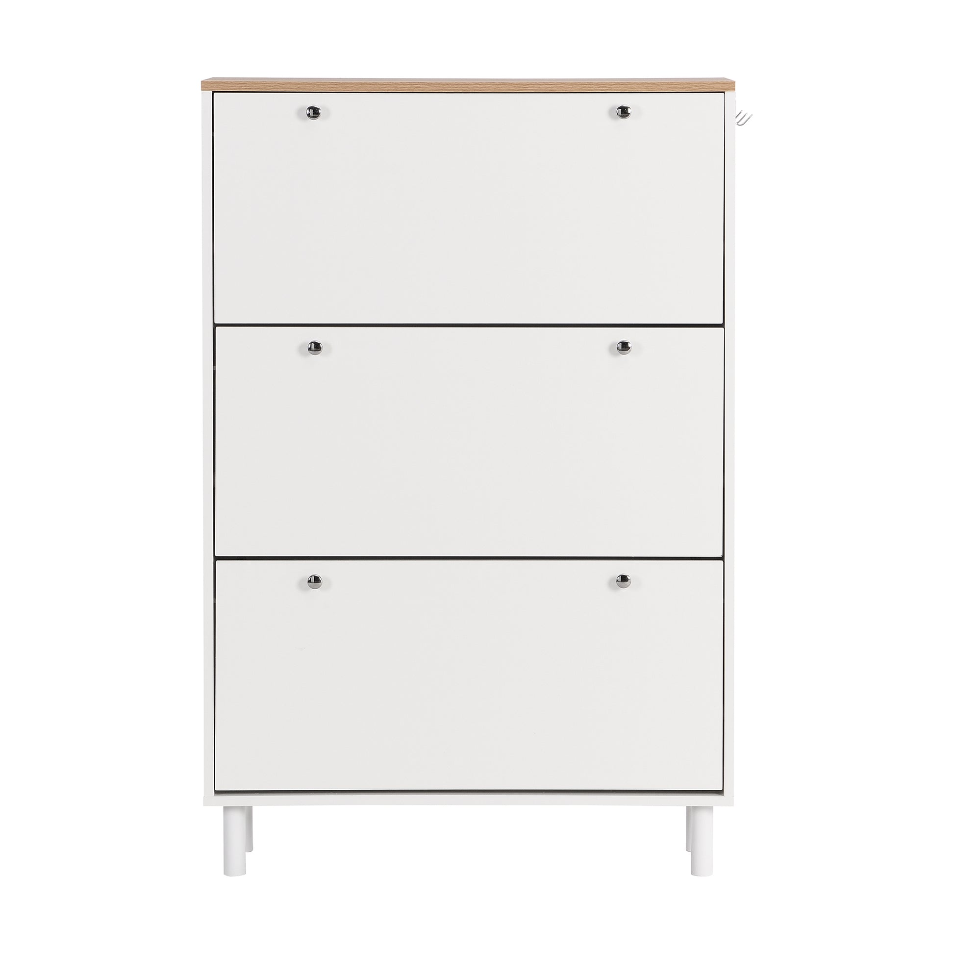 Narrow Design Shoe Cabinet With 3 Flip Drawers, Wood Grain Pattern Top Entryway Organizer With 3 Hooks, Free Standing Shoe Rack With Adjustable Panel For Hallway, White Freestanding 3 4 Drawers White Primary Living Space Shelves Included Particle Board