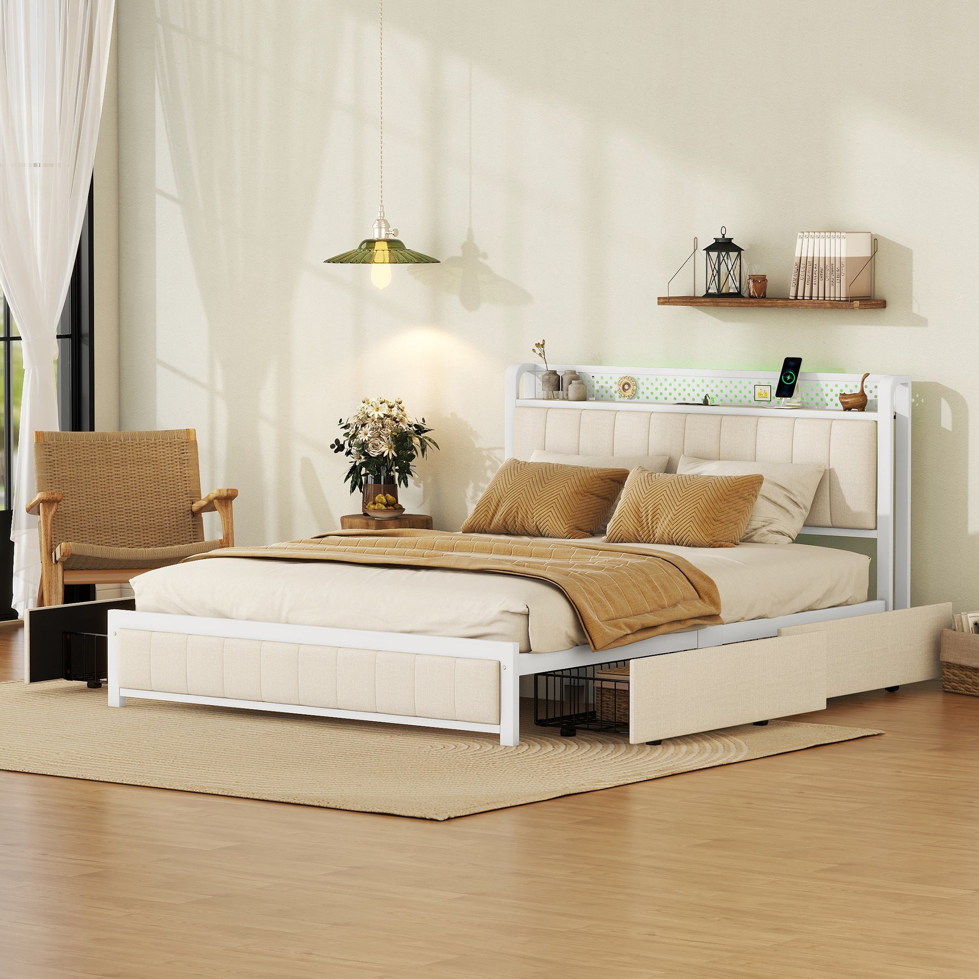 Queen Bed Frame With Led Headboard, Upholstered Bed With 4 Storage Drawers And Usb Ports, Beige Queen Beige Linen
