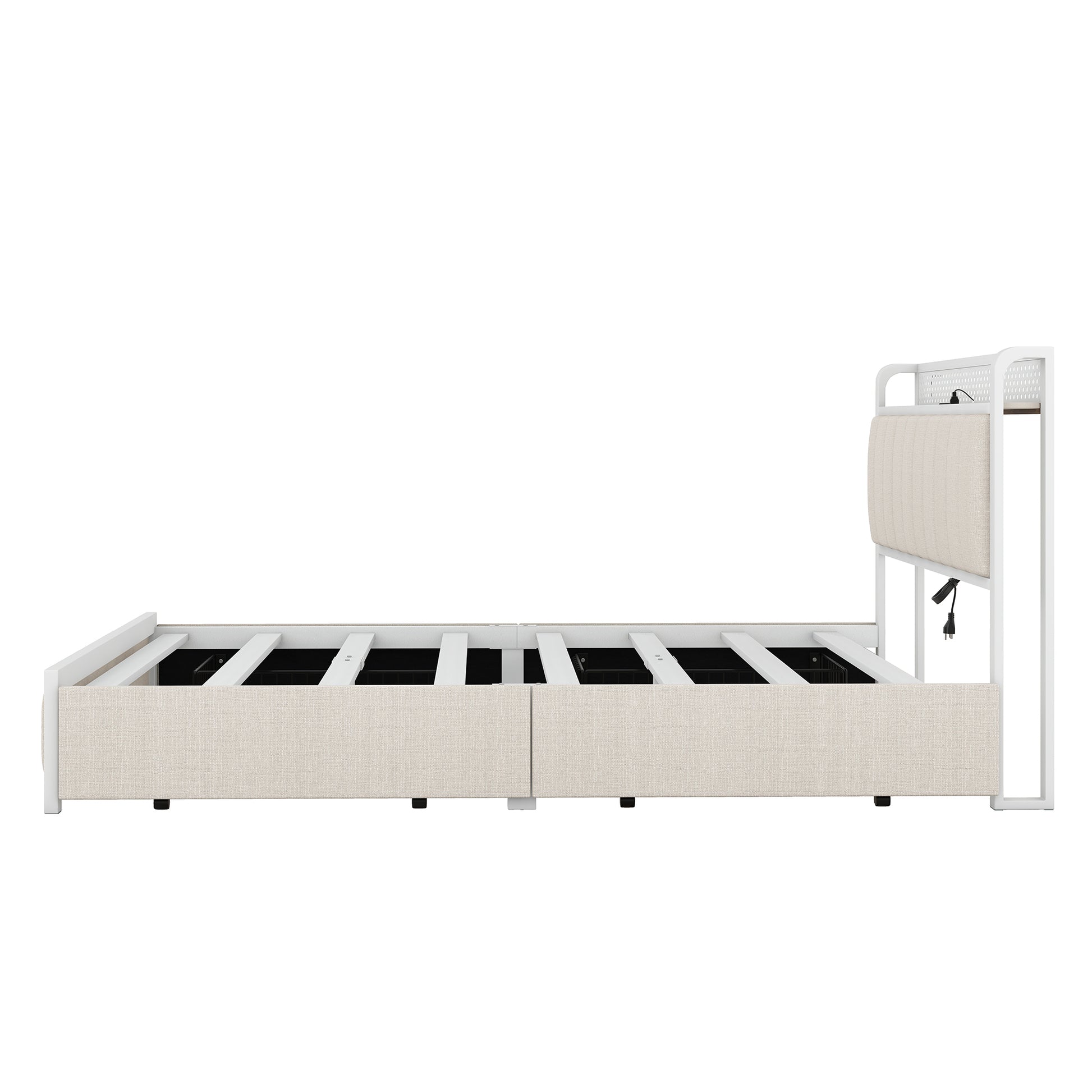 Queen Bed Frame With Led Headboard, Upholstered Bed With 4 Storage Drawers And Usb Ports, Beige Queen Beige Linen