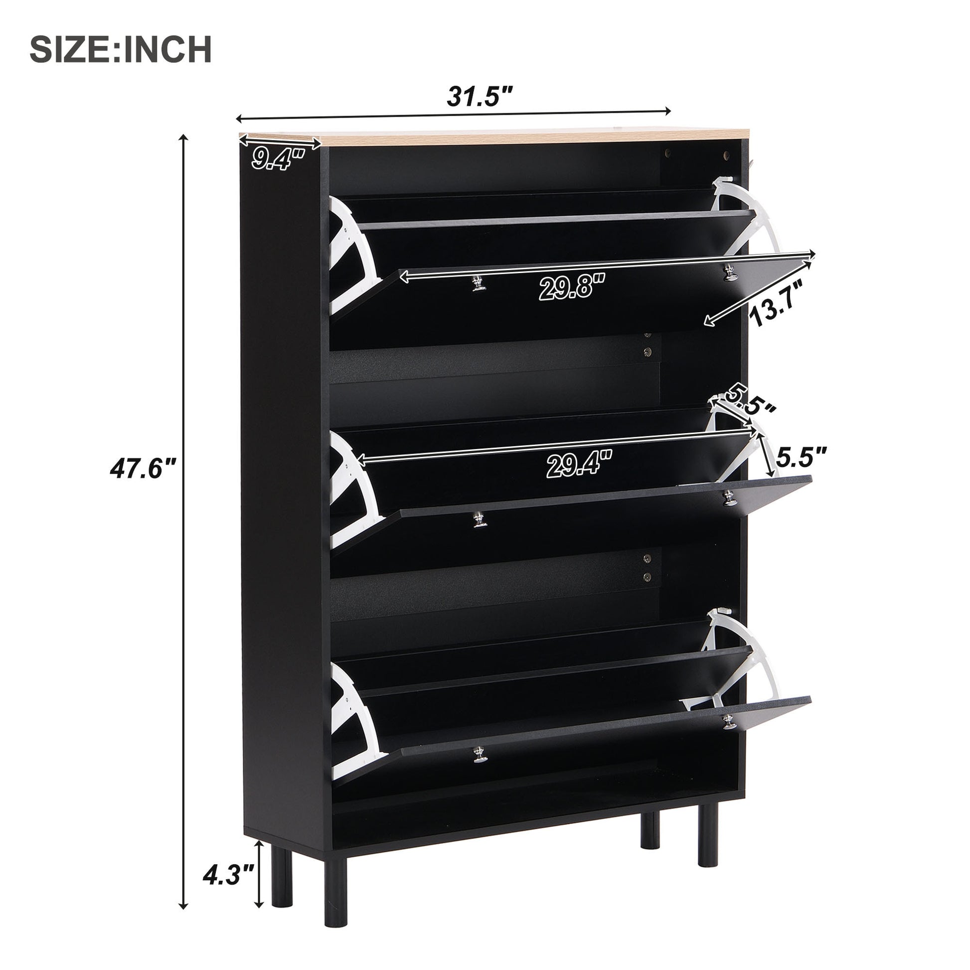 Narrow Design Shoe Cabinet With 3 Flip Drawers, Wood Grain Pattern Top Entryway Organizer With 3 Hooks, Free Standing Shoe Rack With Adjustable Panel For Hallway, Black Freestanding 3 4 Drawers Black Primary Living Space Shelves Included Particle Board